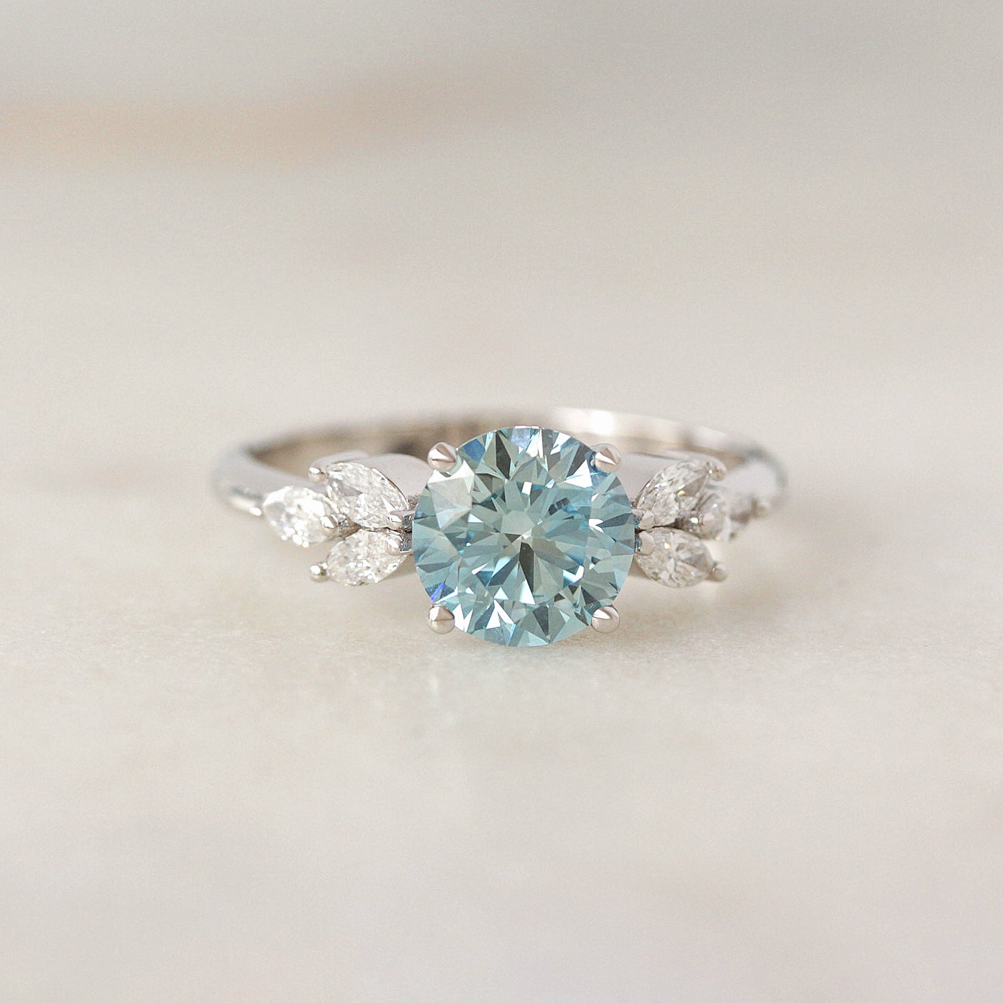 1.75 Carat Blue Lab Diamond Engagement Ring, Penelope, blue lab diamond, round diamond, marquise diamonds, gold