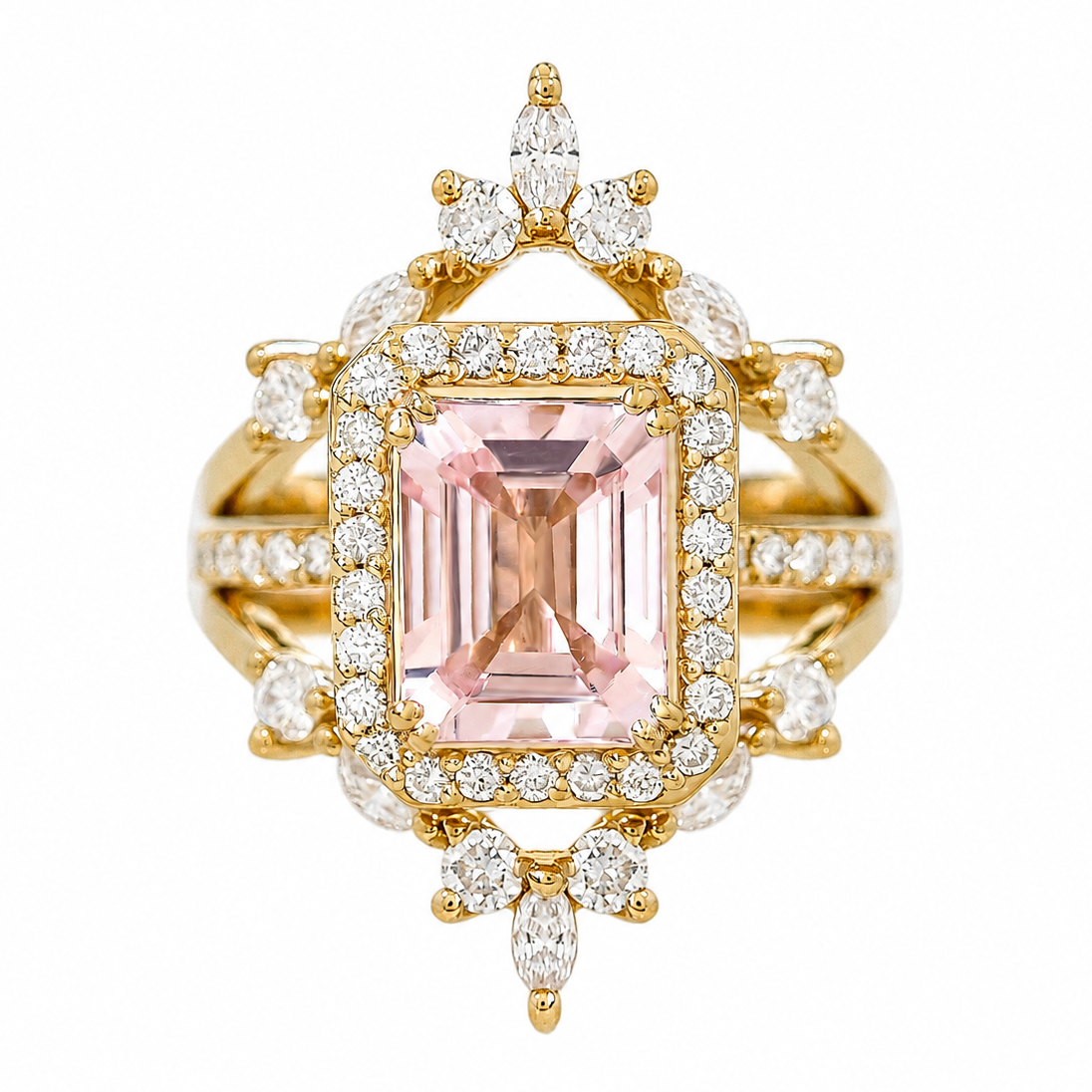 1.85CT Emerald Cut Morganite Diamond Halo Bridal Ring Set Naomi 
