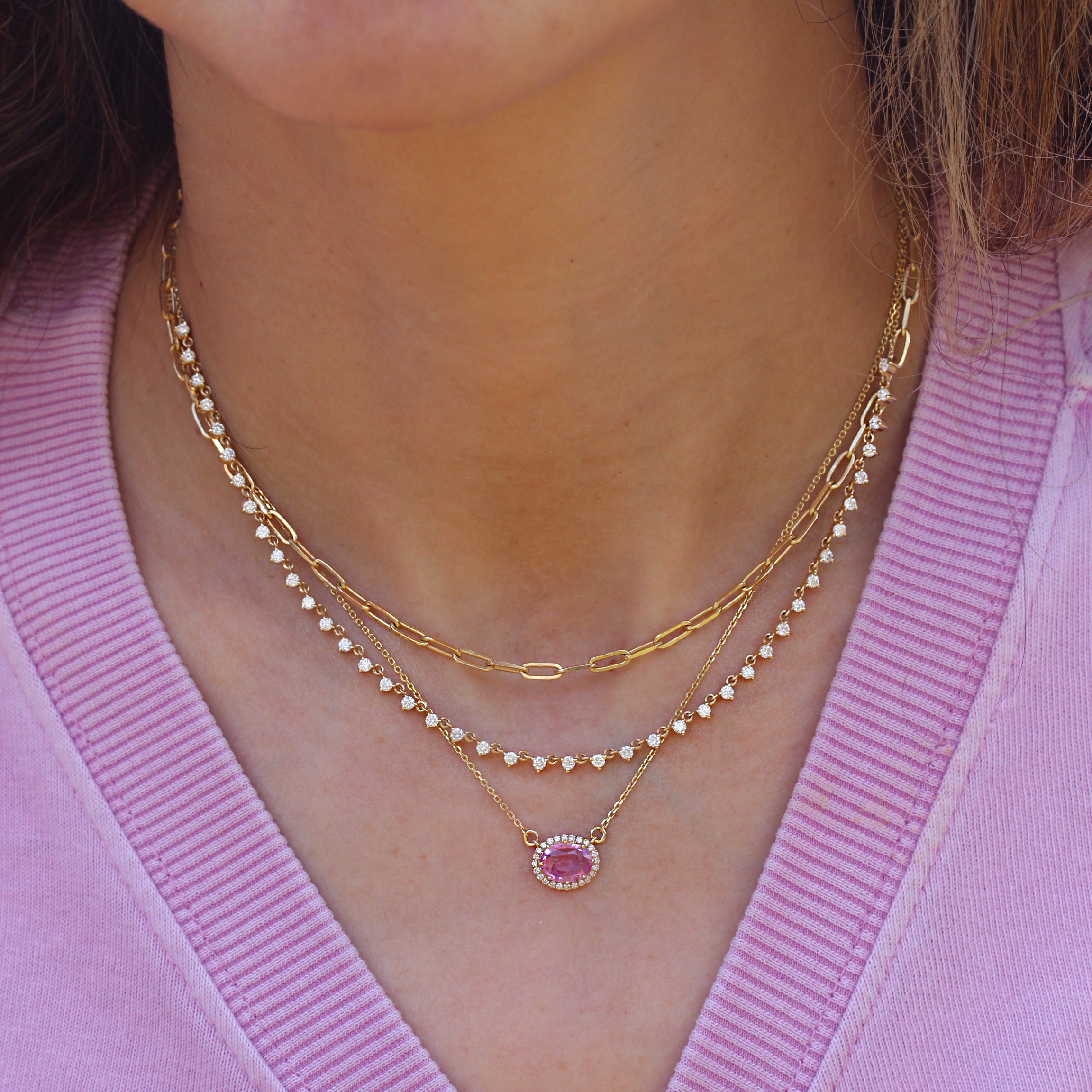 Oval Pink Sapphire and Diamond Halo Pendant Necklace