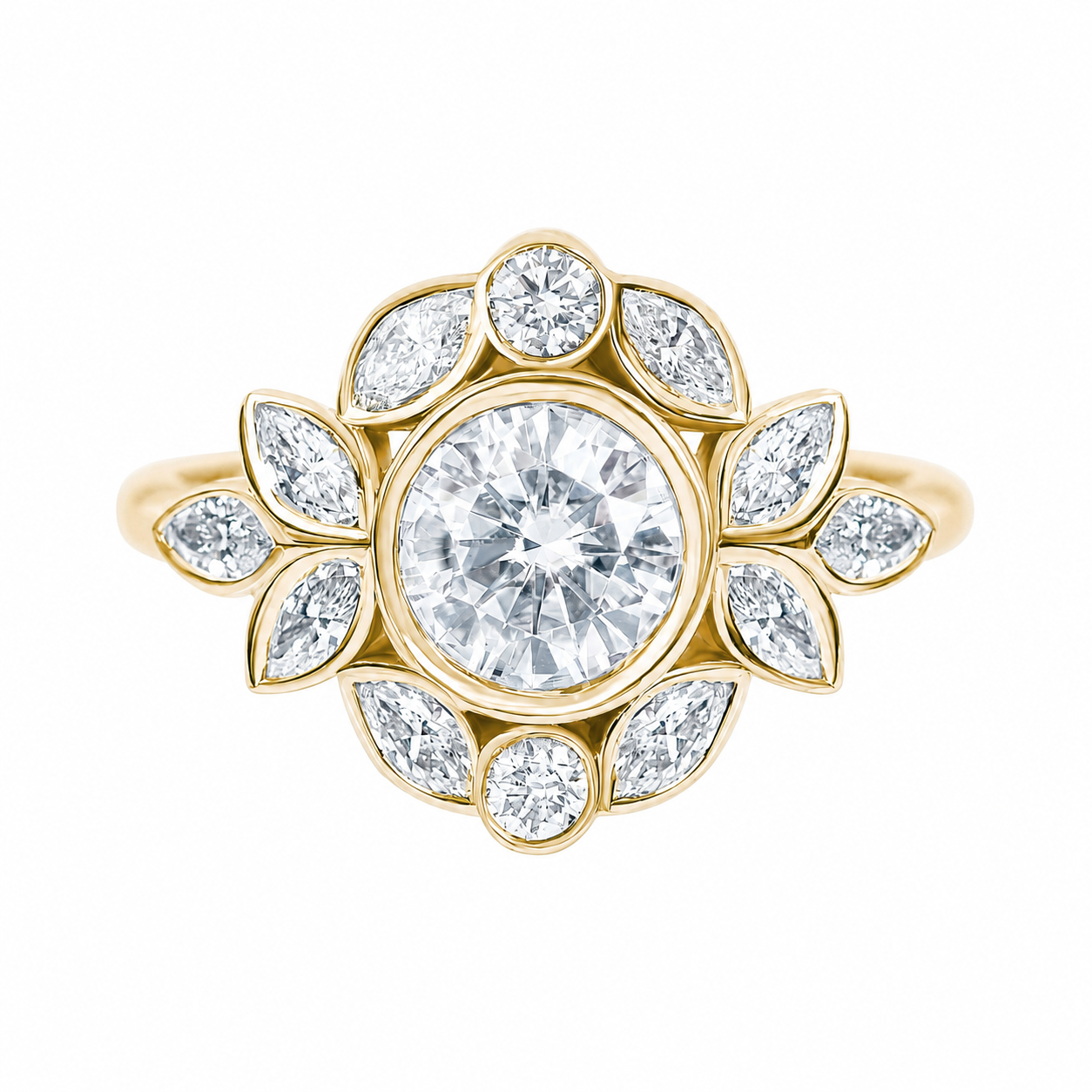 1CT Round Bezel Diamond Flower Engagement Ring Lily Emma