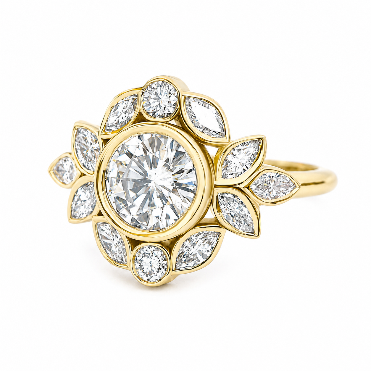 1CT Round Bezel Diamond Flower Engagement Ring Lily Emma