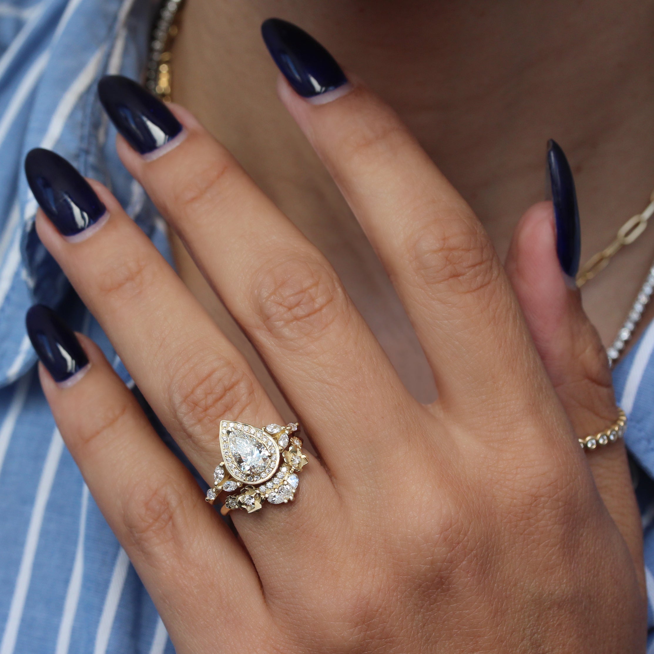 1 Carat Pear Diamond Halo Engagement Ring with Matching Flowers Curve Nesting Ring - Muse and Flora