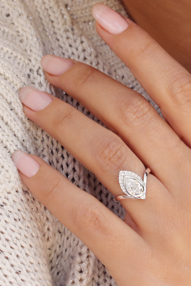 1ct Pear Diamond bezel set Unique Chevron Engagement Ring Atyasha 