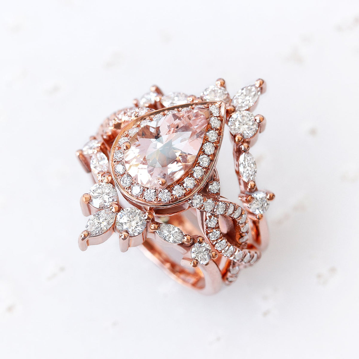 Pear Pink Morganite Twist Shank Band Engagement Ring & Iceland Ring Guard Wedding Set - Elise
