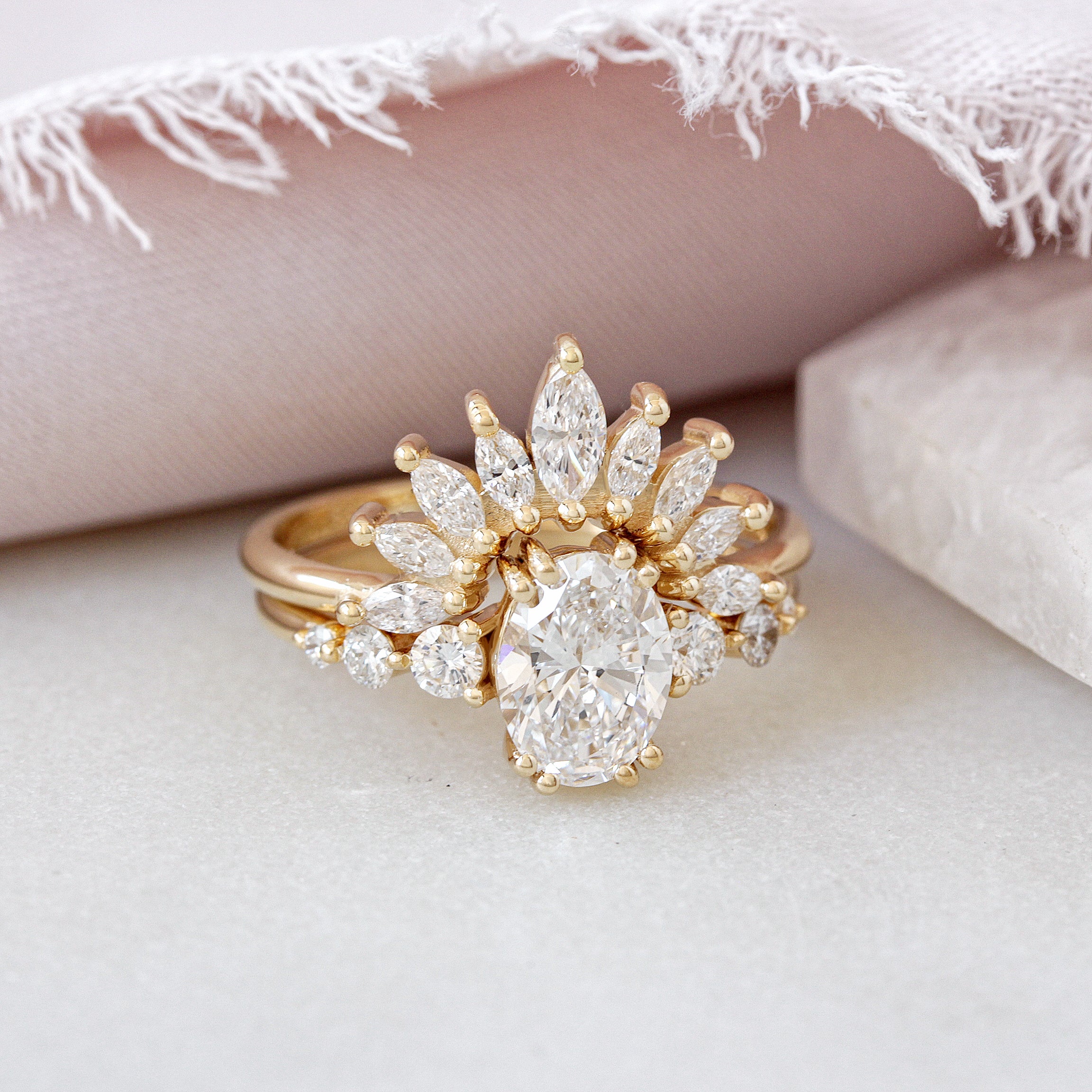Oval Diamond Engagement Ring with Two Marquise Diamonds Wrap Rings, Three Ring Set, Sunburst and Candy pop