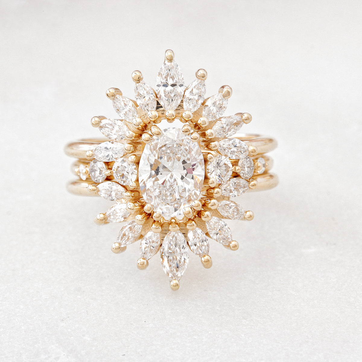 Oval Diamond Engagement Ring with Two Marquise Diamonds Wrap Rings, Three Ring Set, Sunburst and Candy pop
