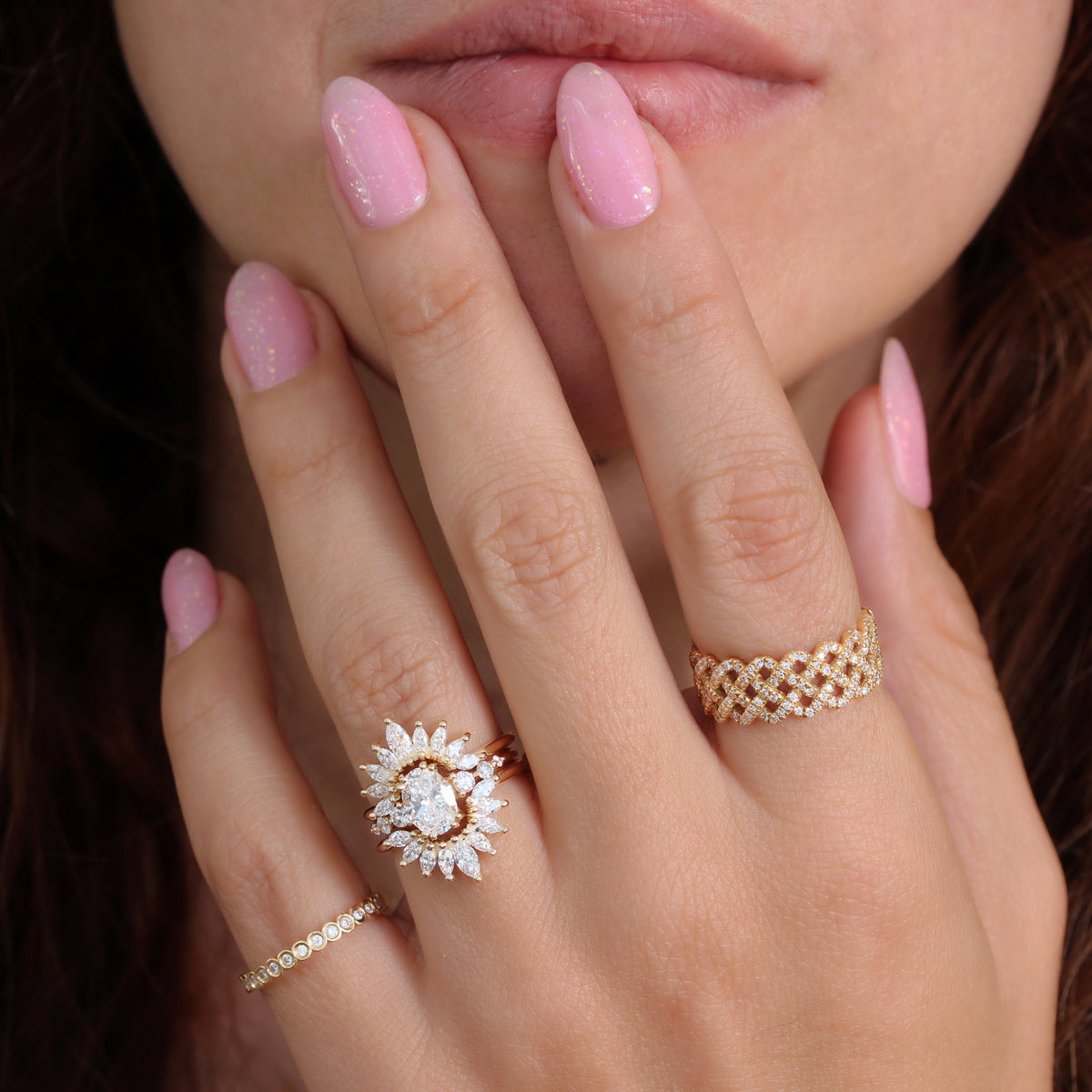 Oval Diamond Engagement Ring with Two Marquise Diamonds Wrap Rings, Three Ring Set, Sunburst and Candy pop