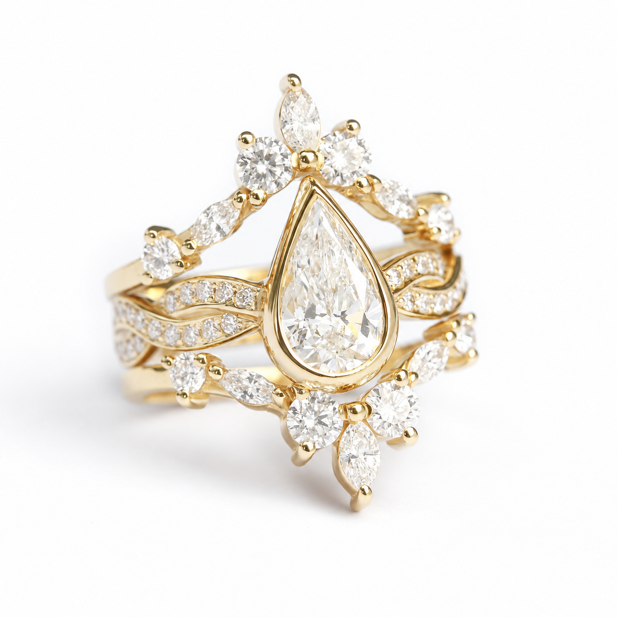 1ct pear diamond bezel set dragonfly zeus, with iceland ring guard yellow gold
