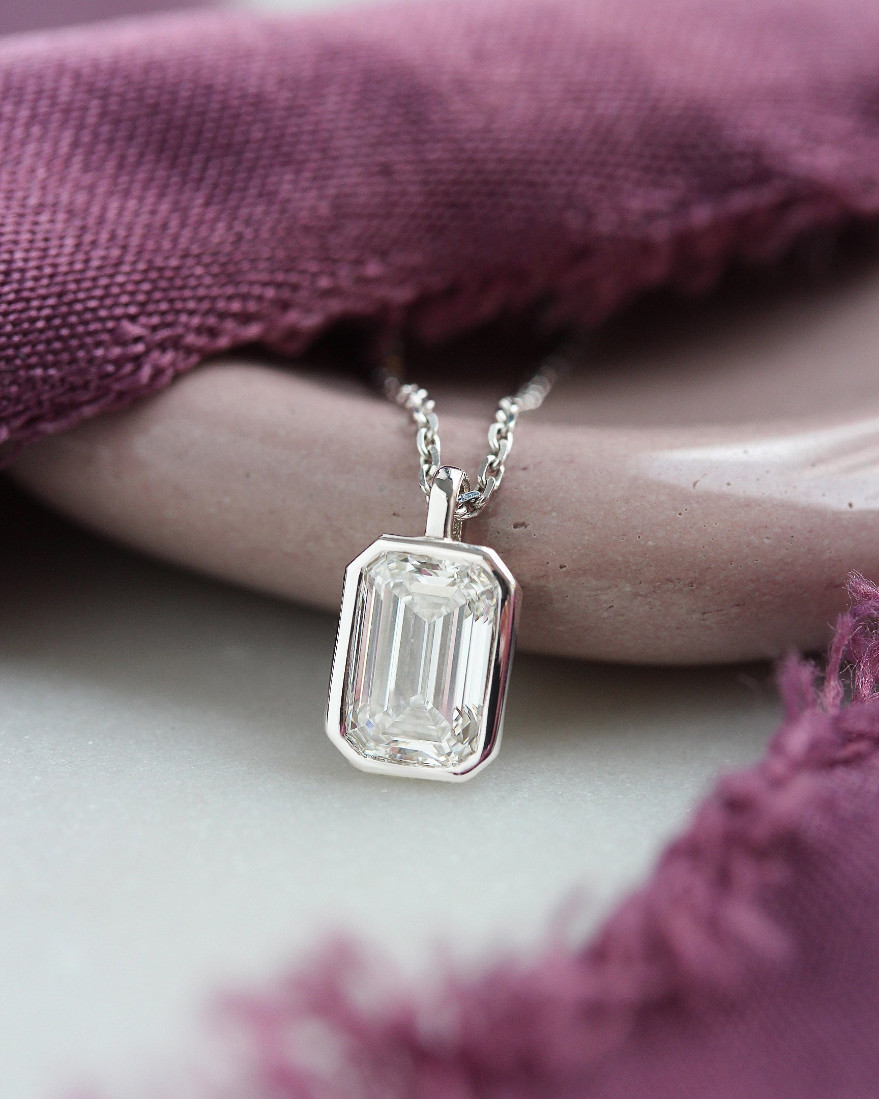Emerald Cut Lab Grown Diamond Bezel Set Pendant Necklace