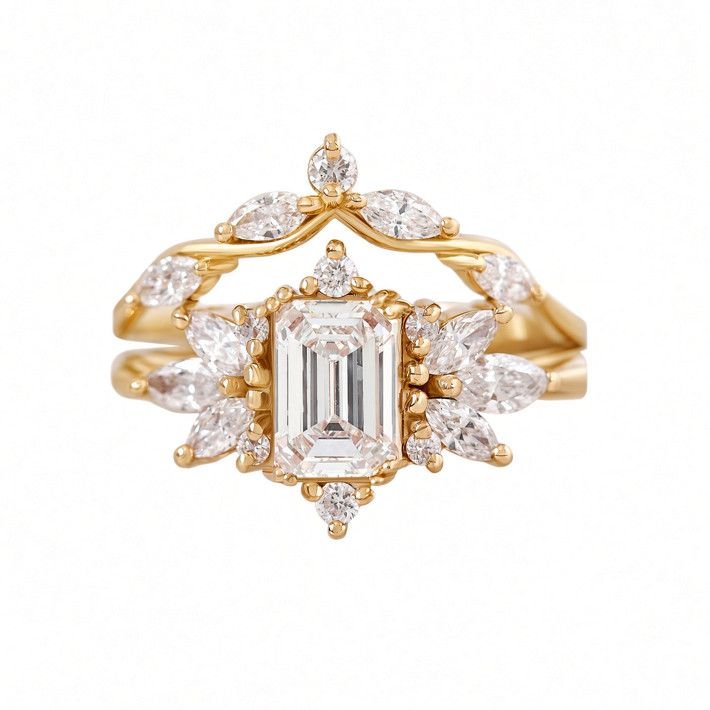 Emerald Cut Diamond Unique Engagement Ring with Marquise Diamond Matching Wedding Ring Set Spark & Wavy