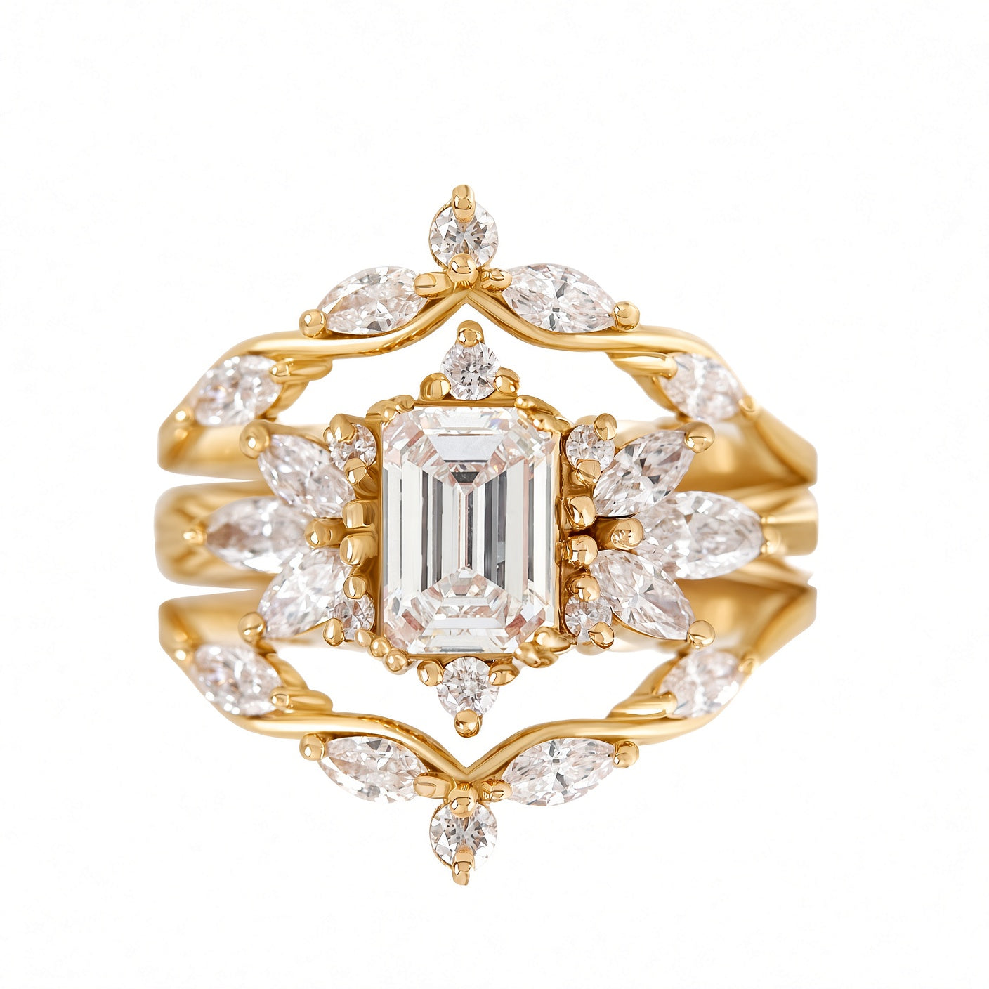 Emerald Cut Diamond Unique Engagement Ring with Marquise Diamond Matching Wedding Ring Set Spark & Wavy
