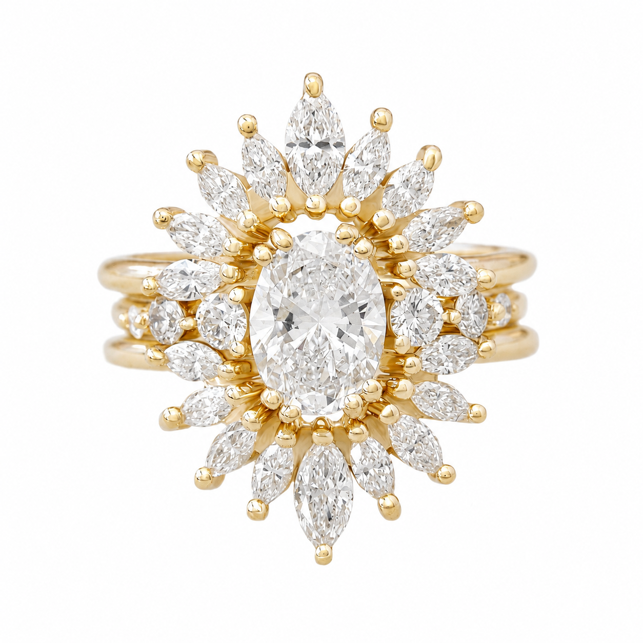 1ct oval diamond candy pop with two sunburst nesting rings yellow gold  