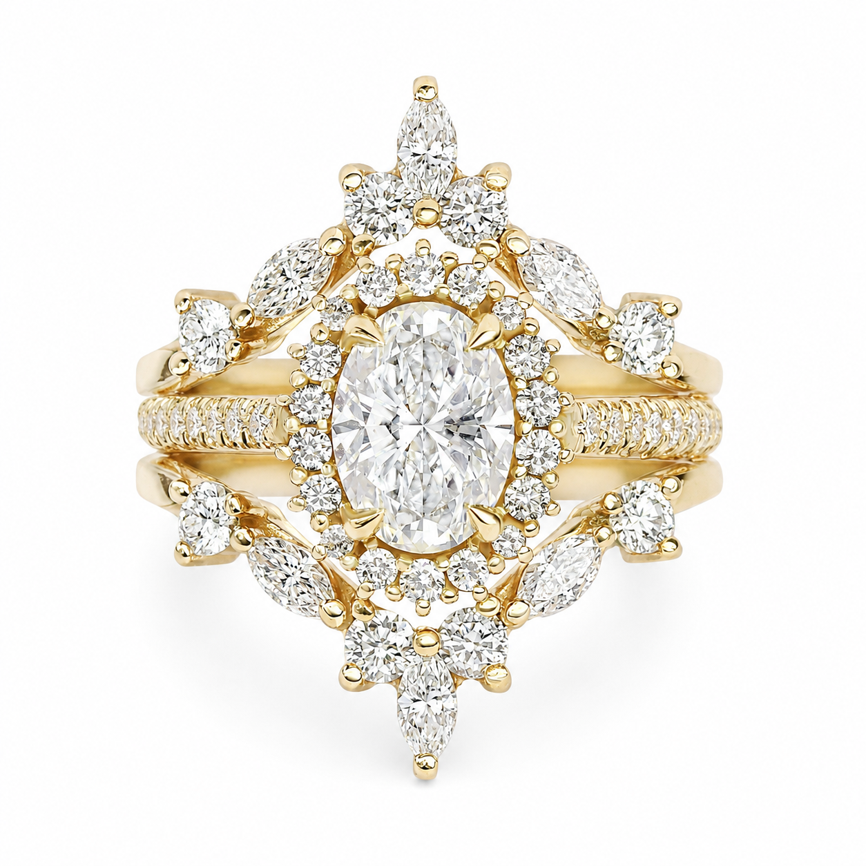 Oval Diamond Halo Engagement ring "Nia' & Two "Hermes" Nesting Bands Three Rings Set