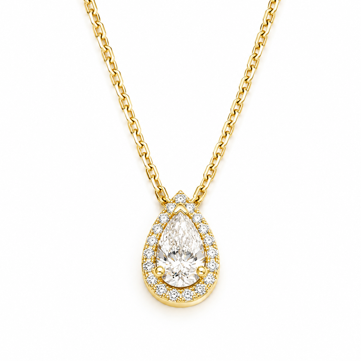 A gold pendant necklace featuring a pear-shaped clear gemstone surrounded by a halo of small round-cut stones, suspended from a delicate gold chain on a white background.