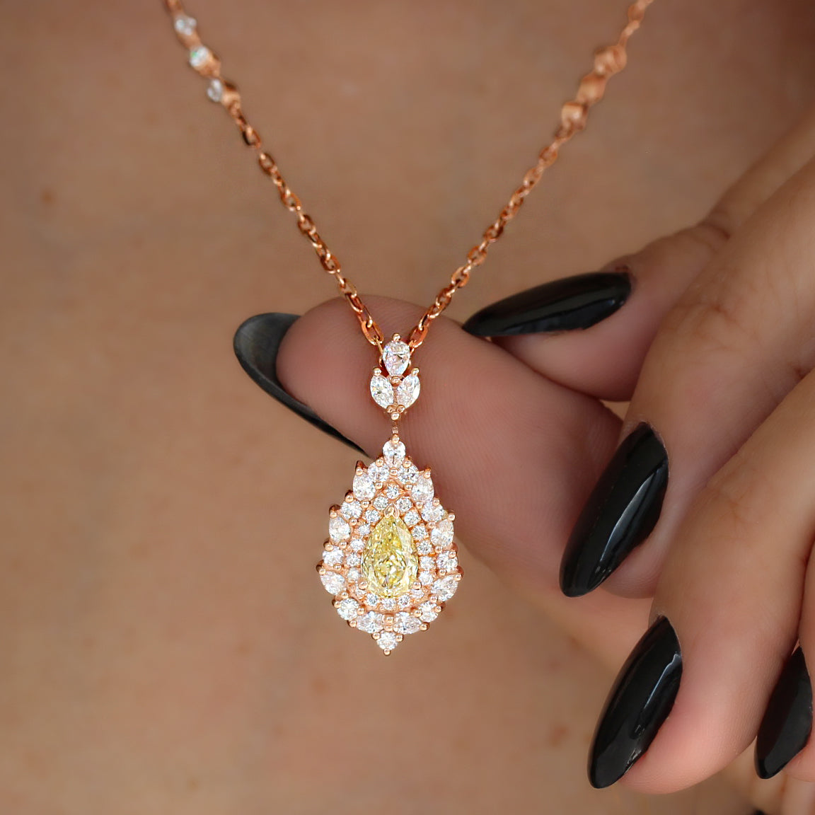Pear Canary Yellow Diamond Double Halo Pendant Necklace, High Jewelry - Victoria