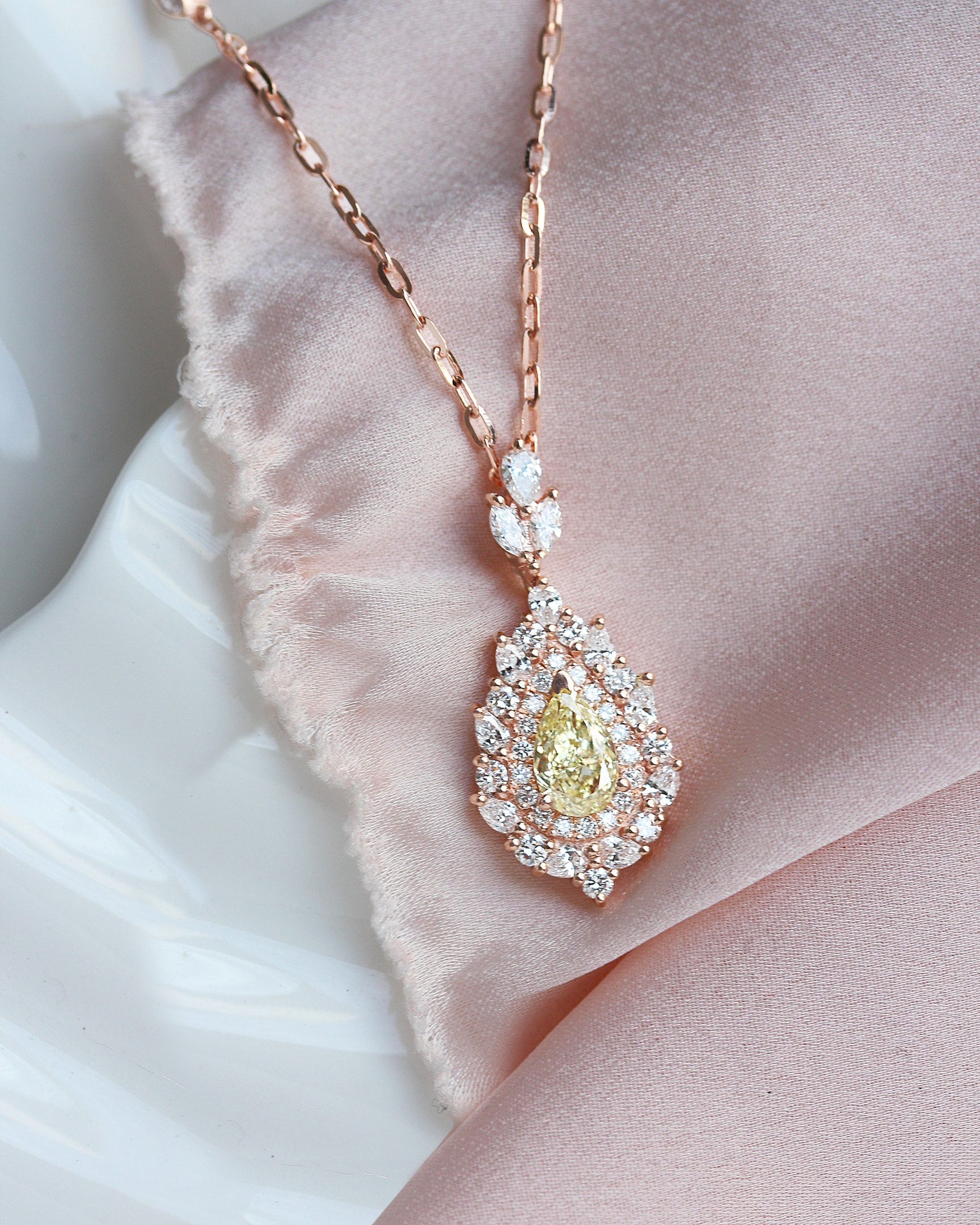 Pear Canary Yellow Diamond Double Halo Pendant Necklace, High Jewelry - Victoria
