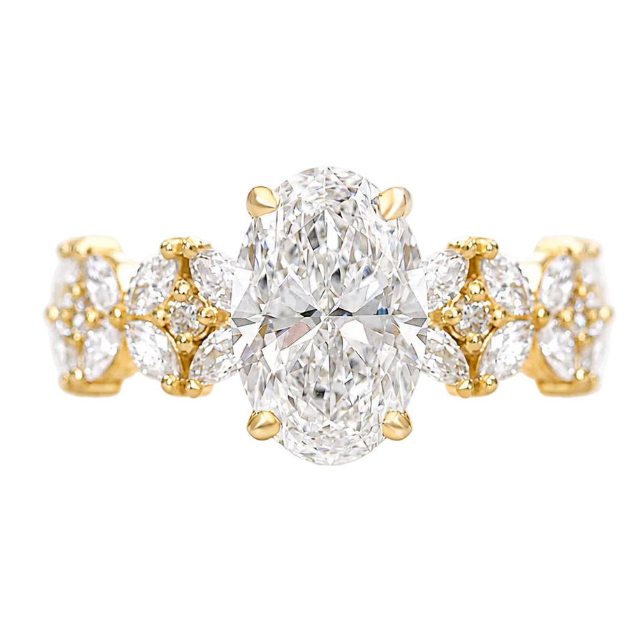 2.50ct oval diamond engagement ring marquise diamond pattern band madeline yellow gold