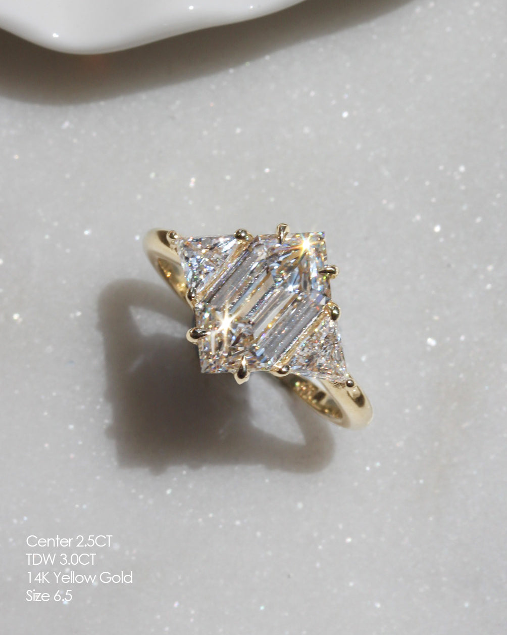 2.5CT elongated hexagon diamond and triangles minimal three stone engagement ring yellow gold