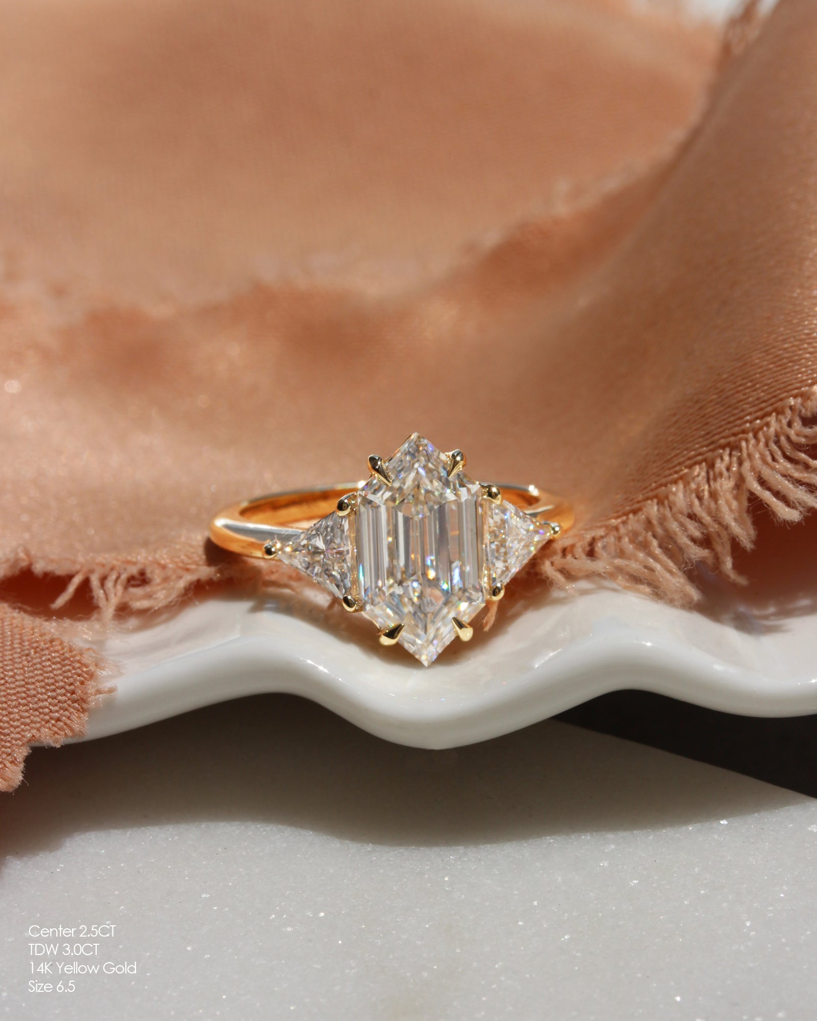2.5CT elongated hexagon diamond and triangles minimal three stone engagement ring yellow gold