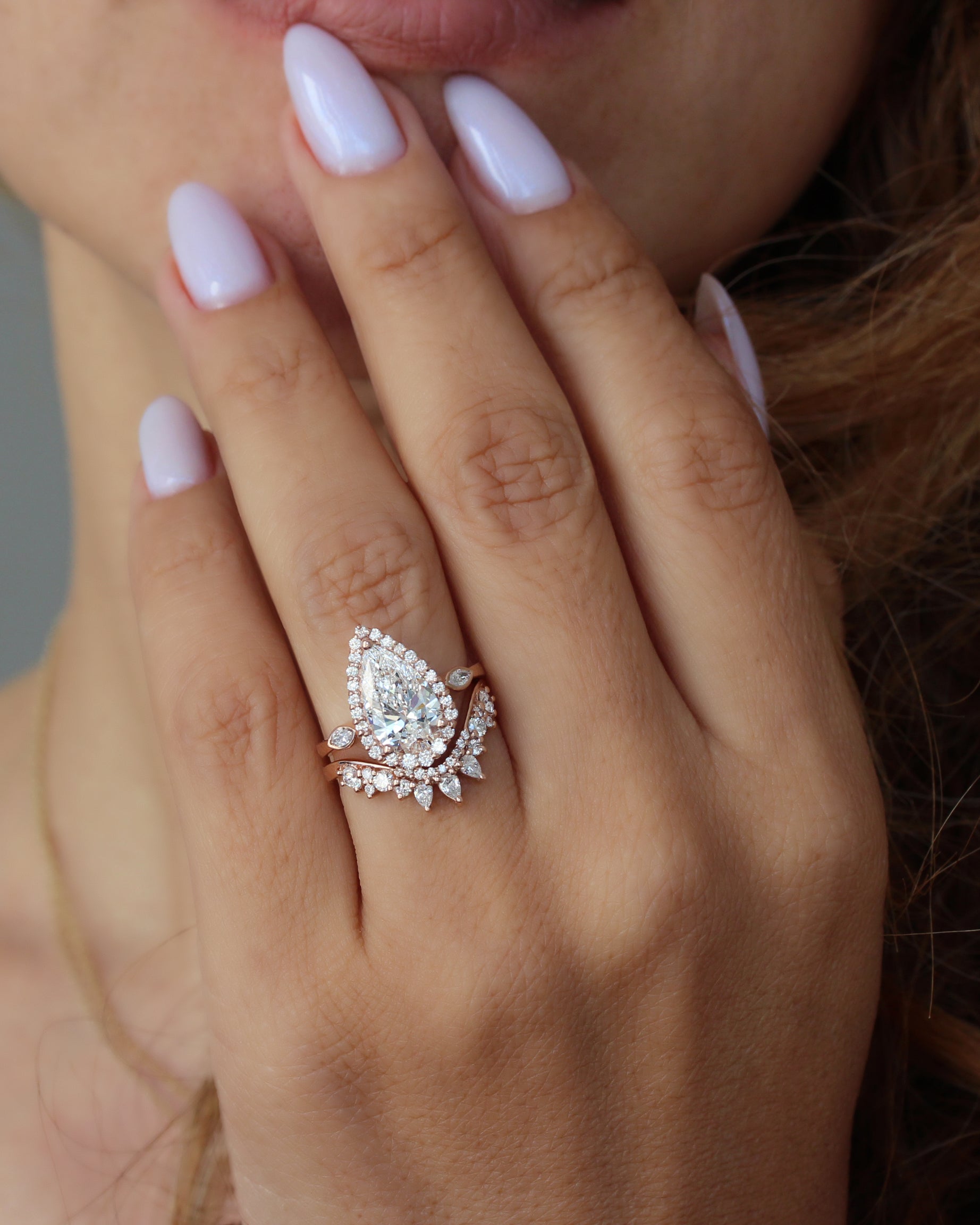 2.5ct Pear Shape Diamond Halo Engagement Ring With a Matching Diamond Nesting Wedding Ring, Zoe and Valeria