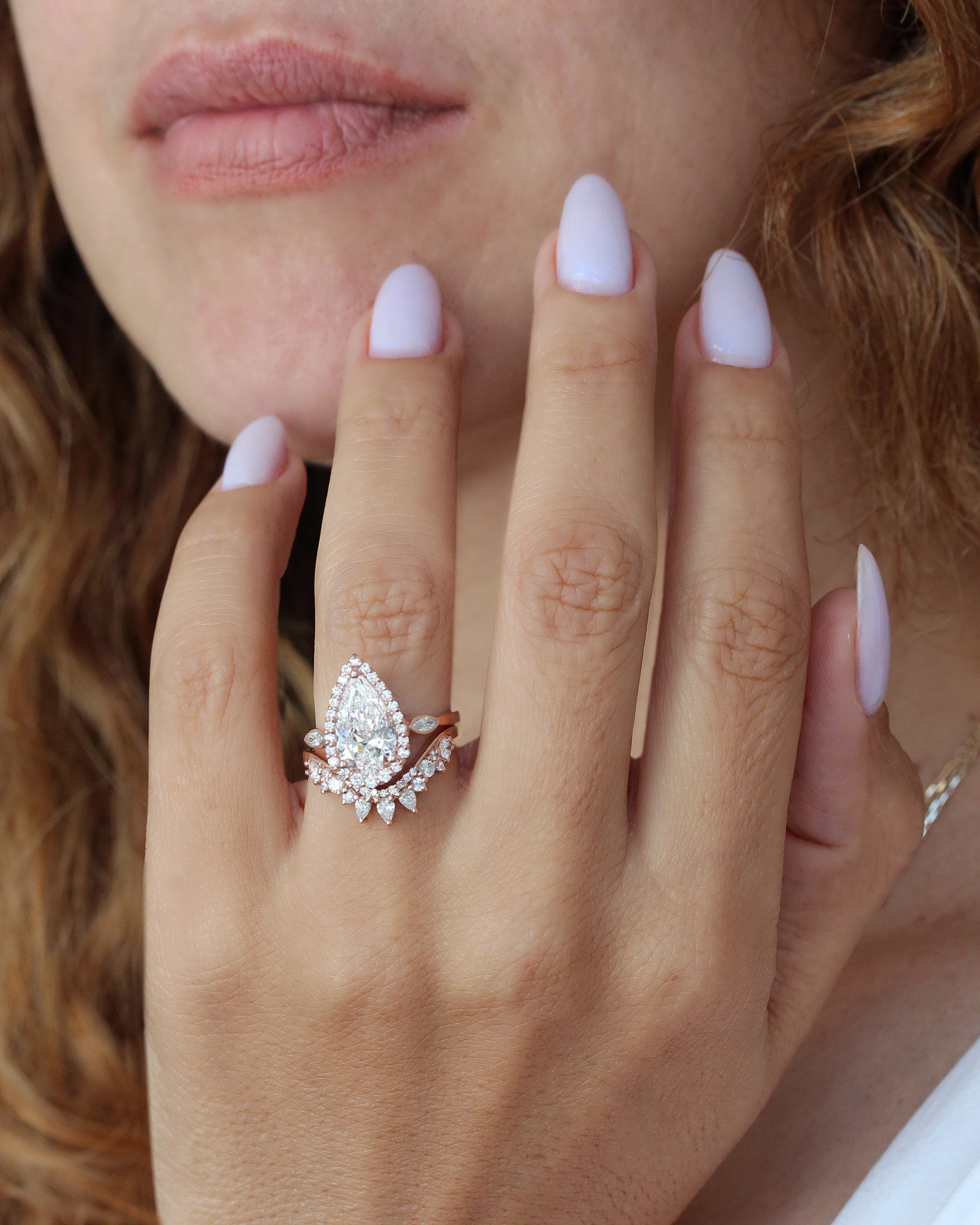2.5ct Pear Shape Diamond Halo Engagement Ring With a Matching Diamond Nesting Wedding Ring, Zoe and Valeria