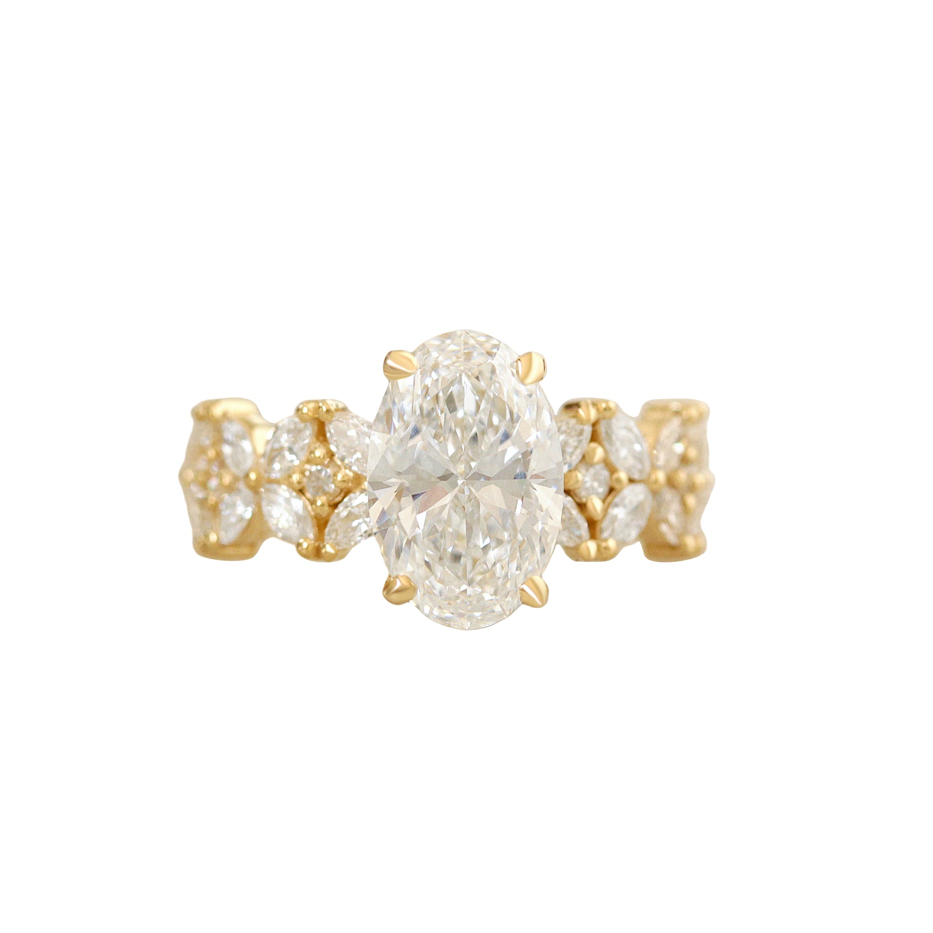 2.5ct Oval Diamond Engagement Ring, Marquise Cluster Floral Statement Ring, Madeline, 2.5ct oval diamond ring,  engagement ring, statement ring, luxurious engagement ring, unique diamond ring, floral diamond engagement ring, marquise diamond cluster ring, bold engagement ring, vintage inspired engagement ring, wide band diamond ring, 14k gold engagement ring, oval cut diamond ring, nature inspired engagement ring, heirloom quality ring, designer diamond ring.