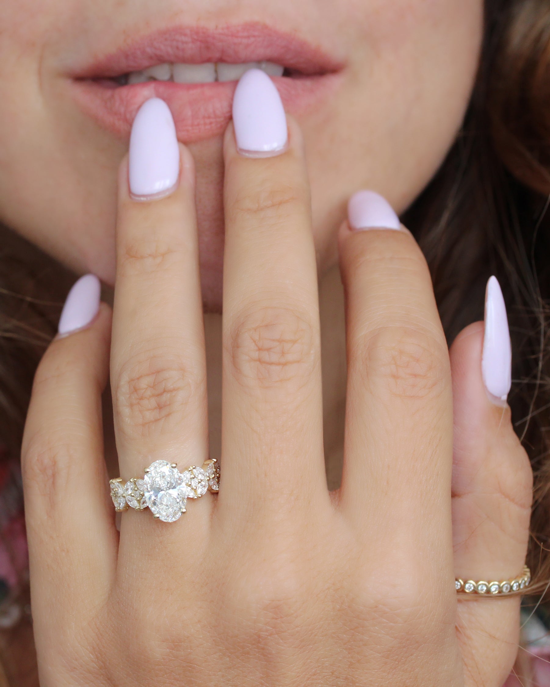 2.5ct Oval Diamond Engagement Ring, Marquise Cluster Floral Statement Ring, Madeline, 2.5ct oval diamond ring,  engagement ring, statement ring, luxurious engagement ring, unique diamond ring, floral diamond engagement ring, marquise diamond cluster ring, bold engagement ring, vintage inspired engagement ring, wide band diamond ring, 14k gold engagement ring, oval cut diamond ring, nature inspired engagement ring, heirloom quality ring, designer diamond ring.