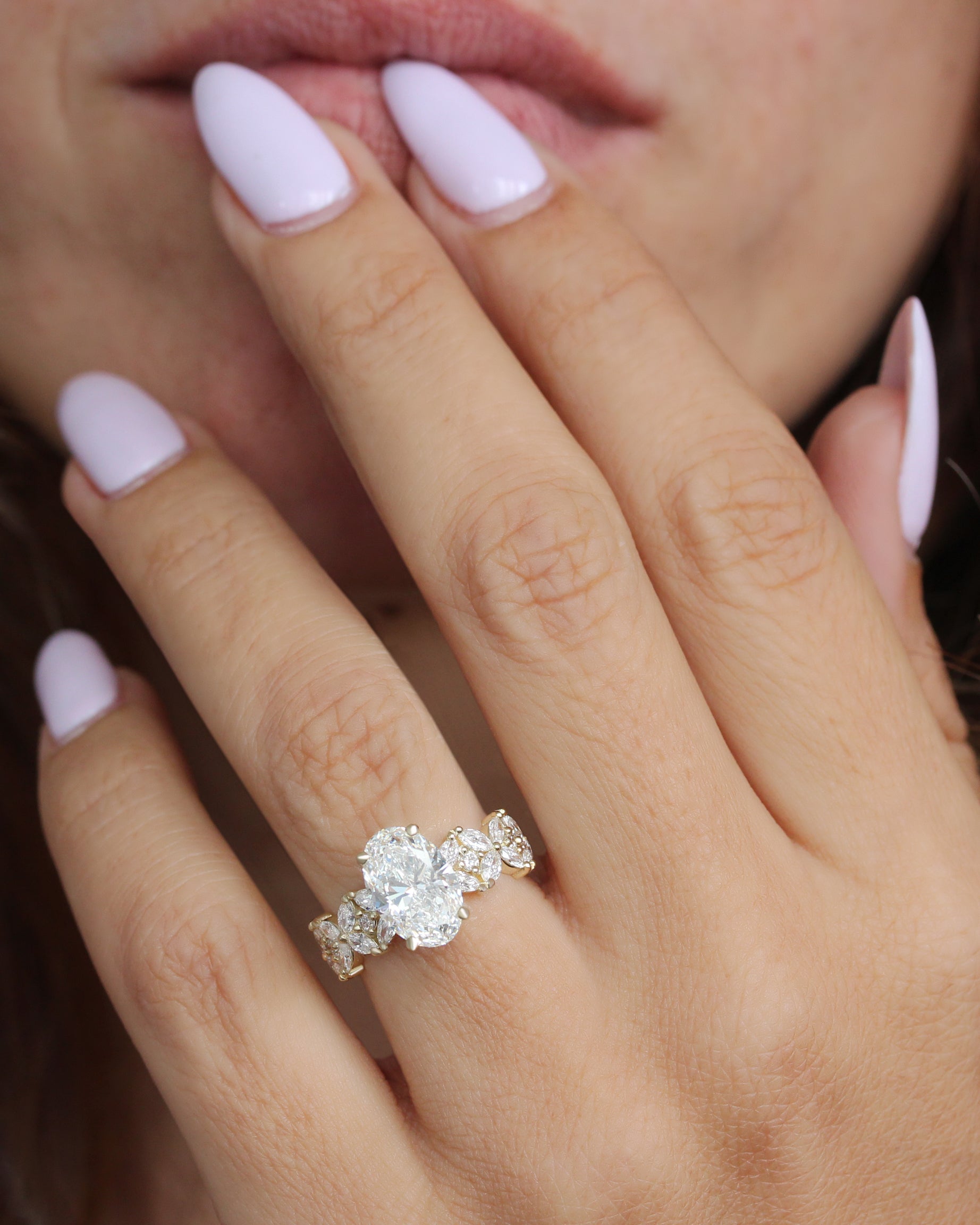 2.5ct Oval Diamond Engagement Ring, Marquise Cluster Floral Statement Ring, Madeline, 2.5ct oval diamond ring,  engagement ring, statement ring, luxurious engagement ring, unique diamond ring, floral diamond engagement ring, marquise diamond cluster ring, bold engagement ring, vintage inspired engagement ring, wide band diamond ring, 14k gold engagement ring, oval cut diamond ring, nature inspired engagement ring, heirloom quality ring, designer diamond ring.