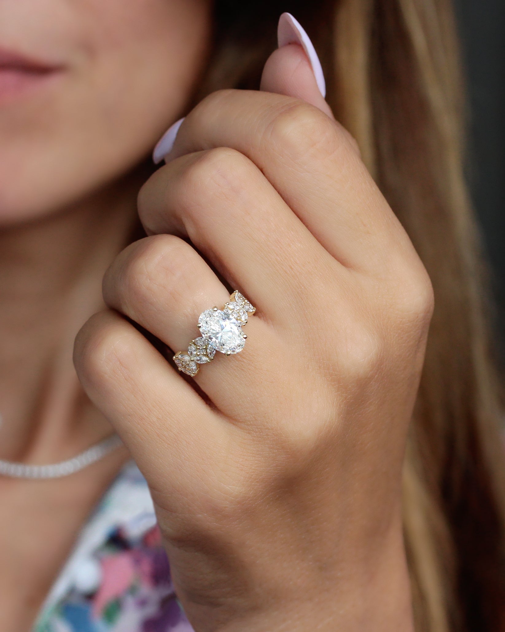 2.5ct Oval Diamond Engagement Ring, Marquise Cluster Floral Statement Ring, Madeline, 2.5ct oval diamond ring,  engagement ring, statement ring, luxurious engagement ring, unique diamond ring, floral diamond engagement ring, marquise diamond cluster ring, bold engagement ring, vintage inspired engagement ring, wide band diamond ring, 14k gold engagement ring, oval cut diamond ring, nature inspired engagement ring, heirloom quality ring, designer diamond ring.