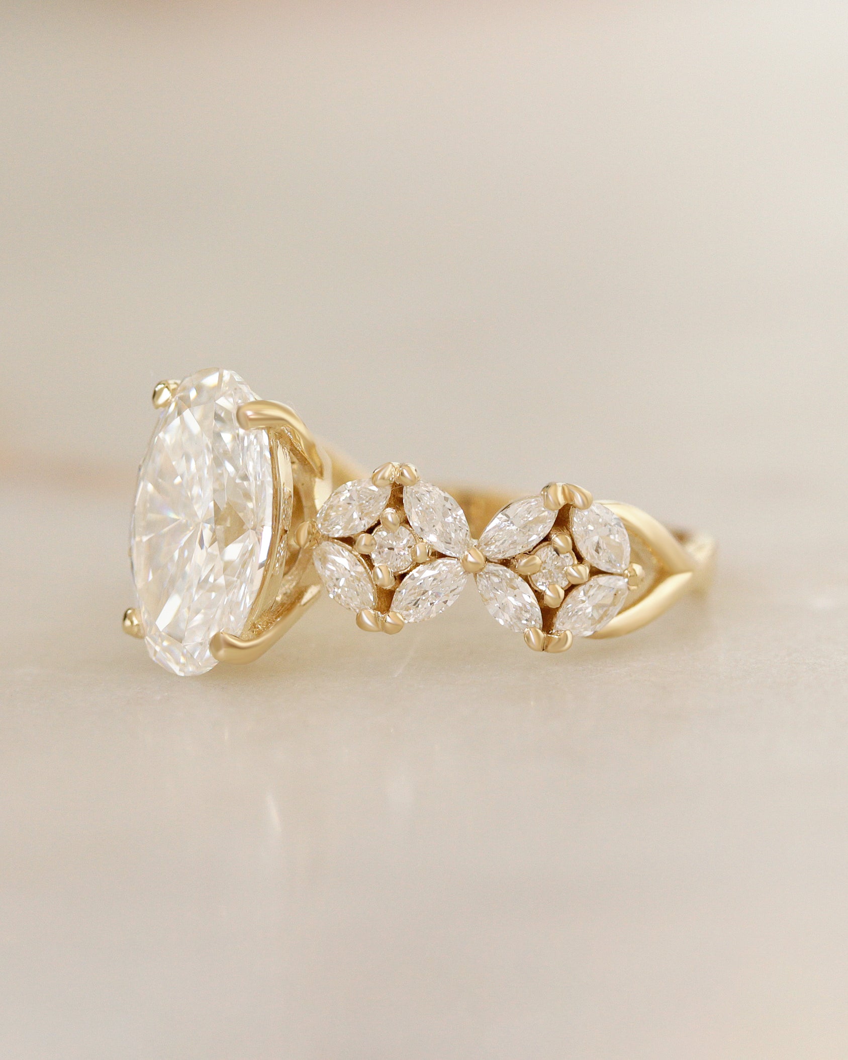  2.5ct oval diamond ring,  engagement ring, statement ring, luxurious engagement ring, unique diamond ring, floral diamond engagement ring, marquise diamond cluster ring, bold engagement ring, vintage inspired engagement ring, wide band diamond ring, 14k gold engagement ring, oval cut diamond ring, nature inspired engagement ring, heirloom quality ring ,designer diamond ring . 