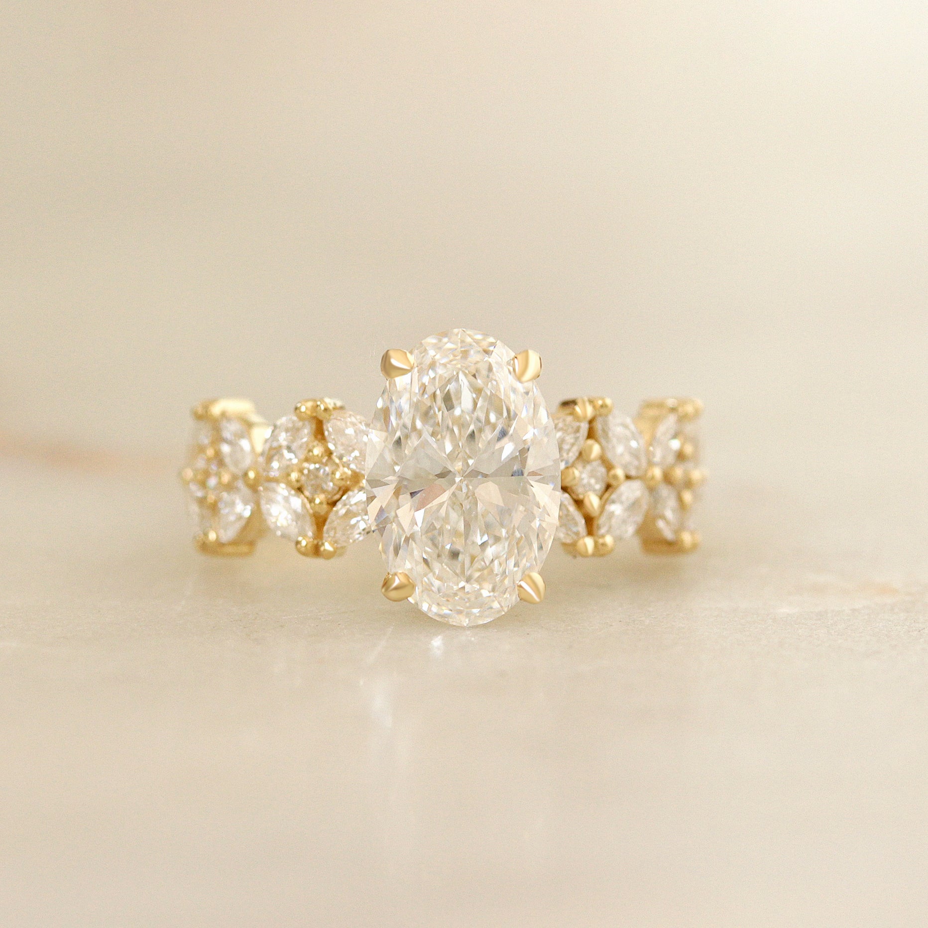 2.5ct Oval Diamond Engagement Ring, Marquise Cluster Floral Statement Ring, Madeline, 2.5ct oval diamond ring,  engagement ring, statement ring, luxurious engagement ring, unique diamond ring, floral diamond engagement ring, marquise diamond cluster ring, bold engagement ring, vintage inspired engagement ring, wide band diamond ring, 14k gold engagement ring, oval cut diamond ring, nature inspired engagement ring, heirloom quality ring, designer diamond ring.