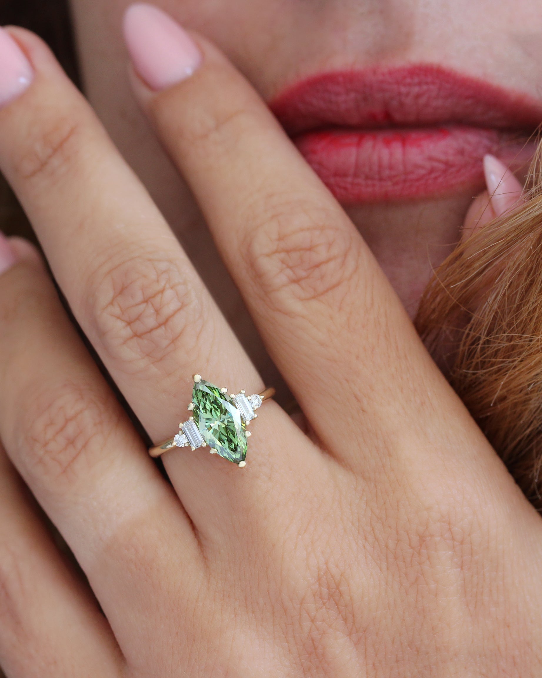 2 Carat Marquise Green Lab Diamond, Five Stone Engagement Ring Angela