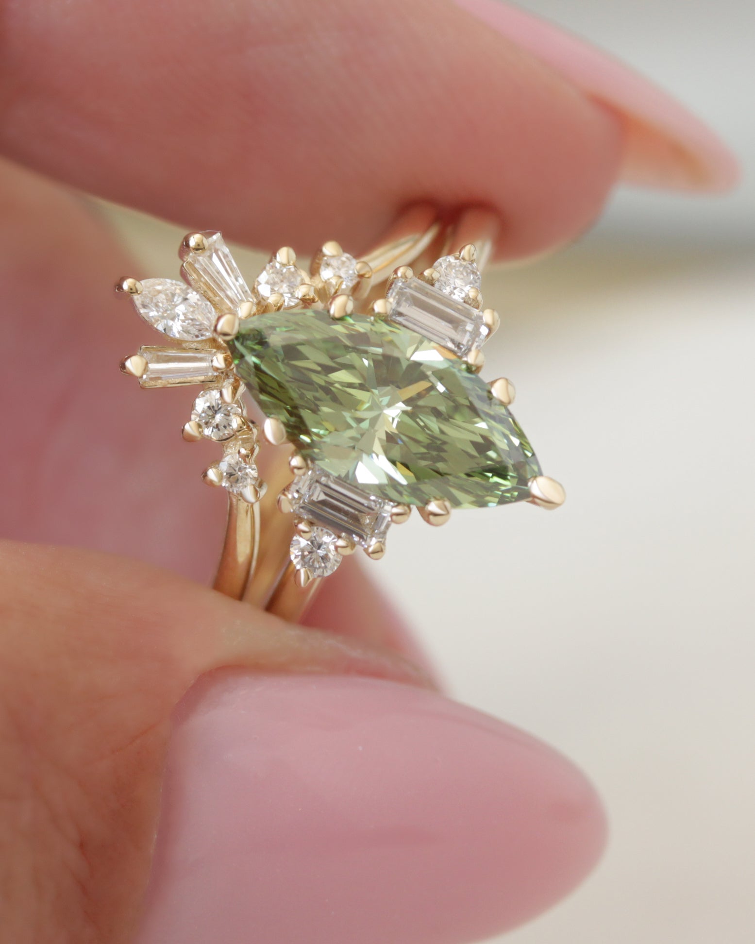 2 Carat Marquise Green Lab Diamond, Five Stone Engagement Ring Angela