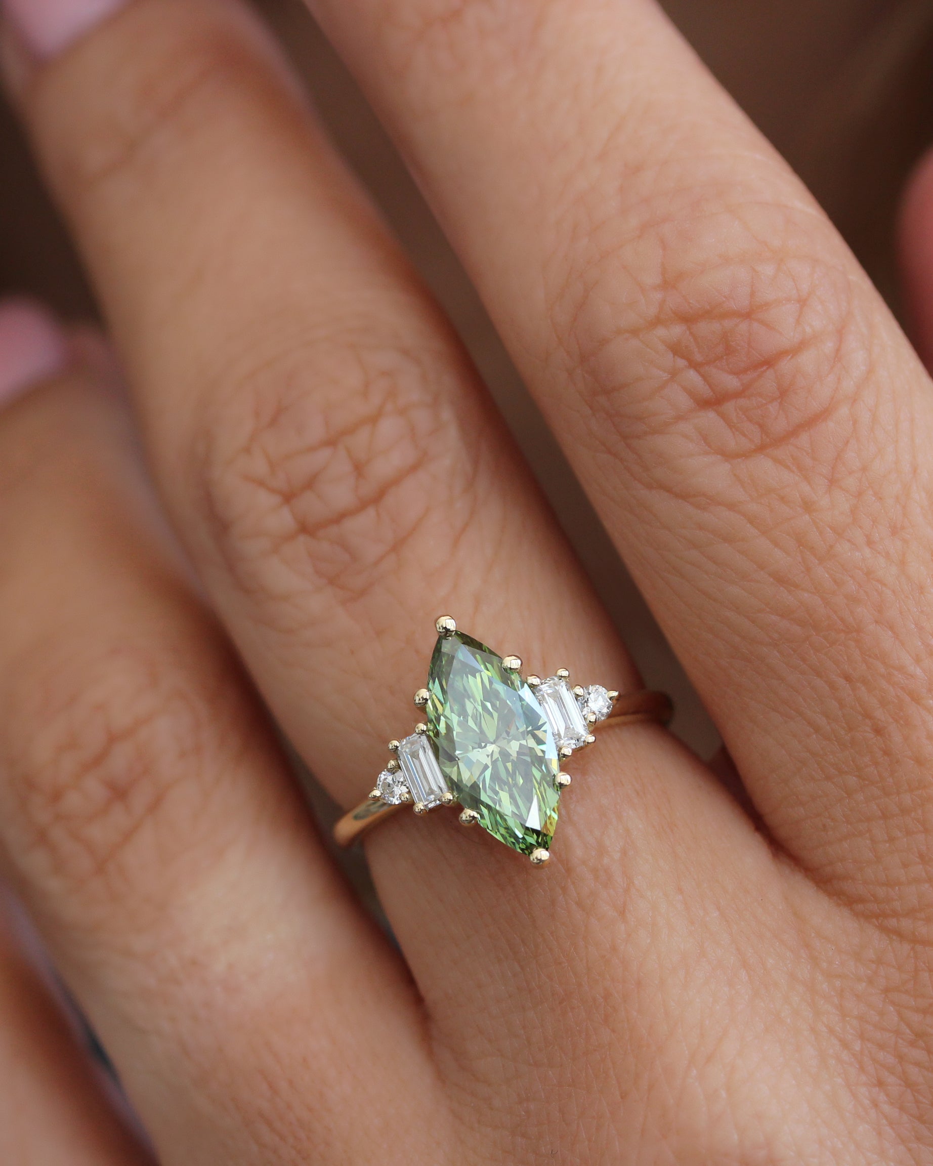 2 Carat Marquise Green Lab Diamond, Five Stone Engagement Ring Angela