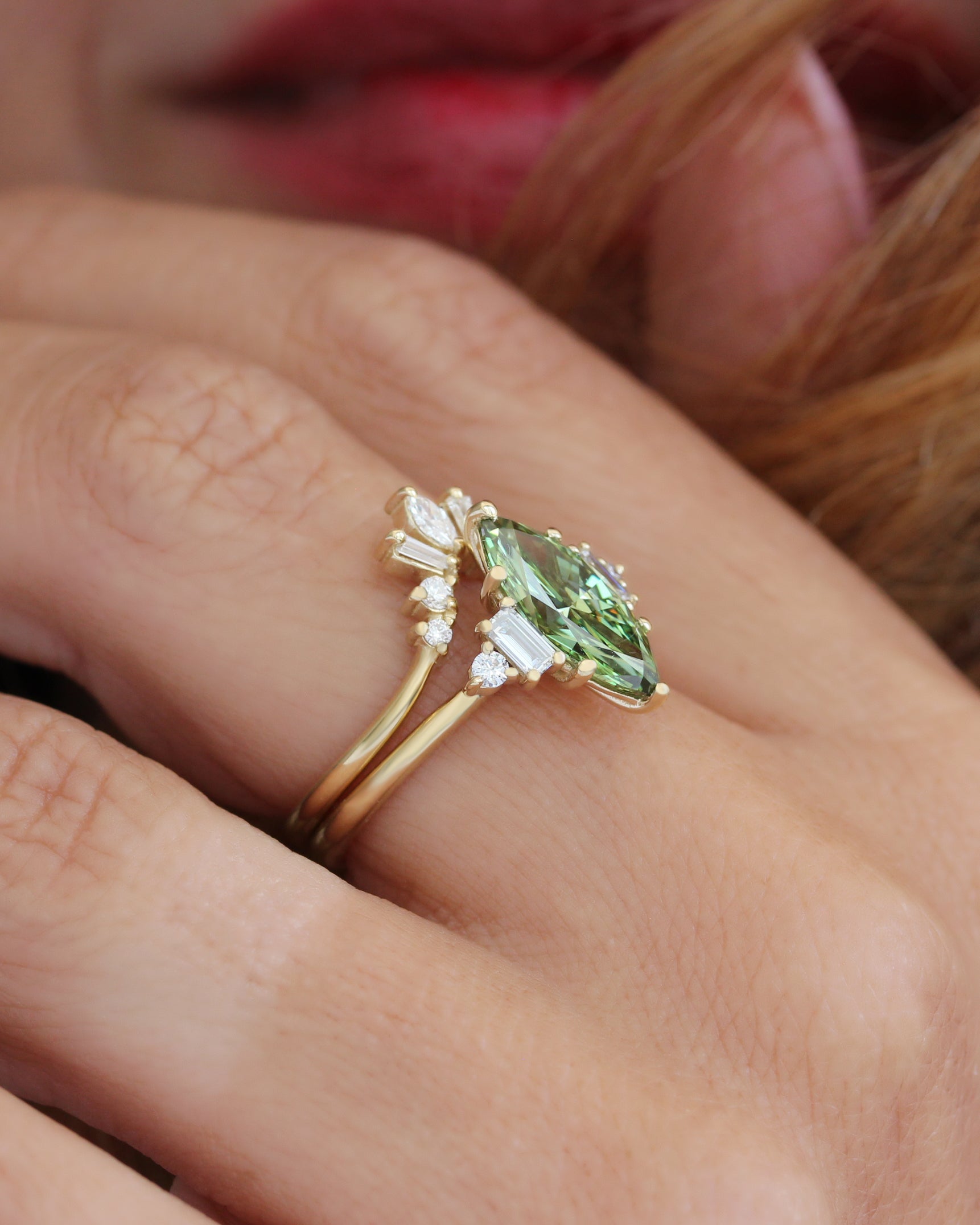 2 Carat Marquise Green Lab Diamond, Five Stone Engagement Ring Angela