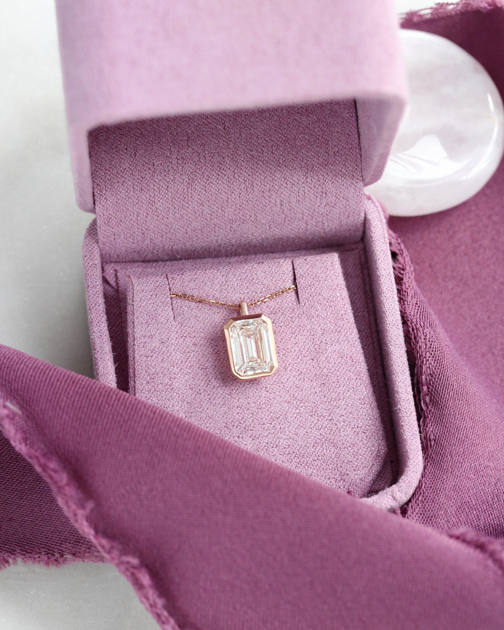 2ct Emerald Cut Lab Grown Diamond Bezel Set Pendant Necklace, bezet setting, emerald cut diamond,pendant, modern, elegant, minimal, confortable, low profile.