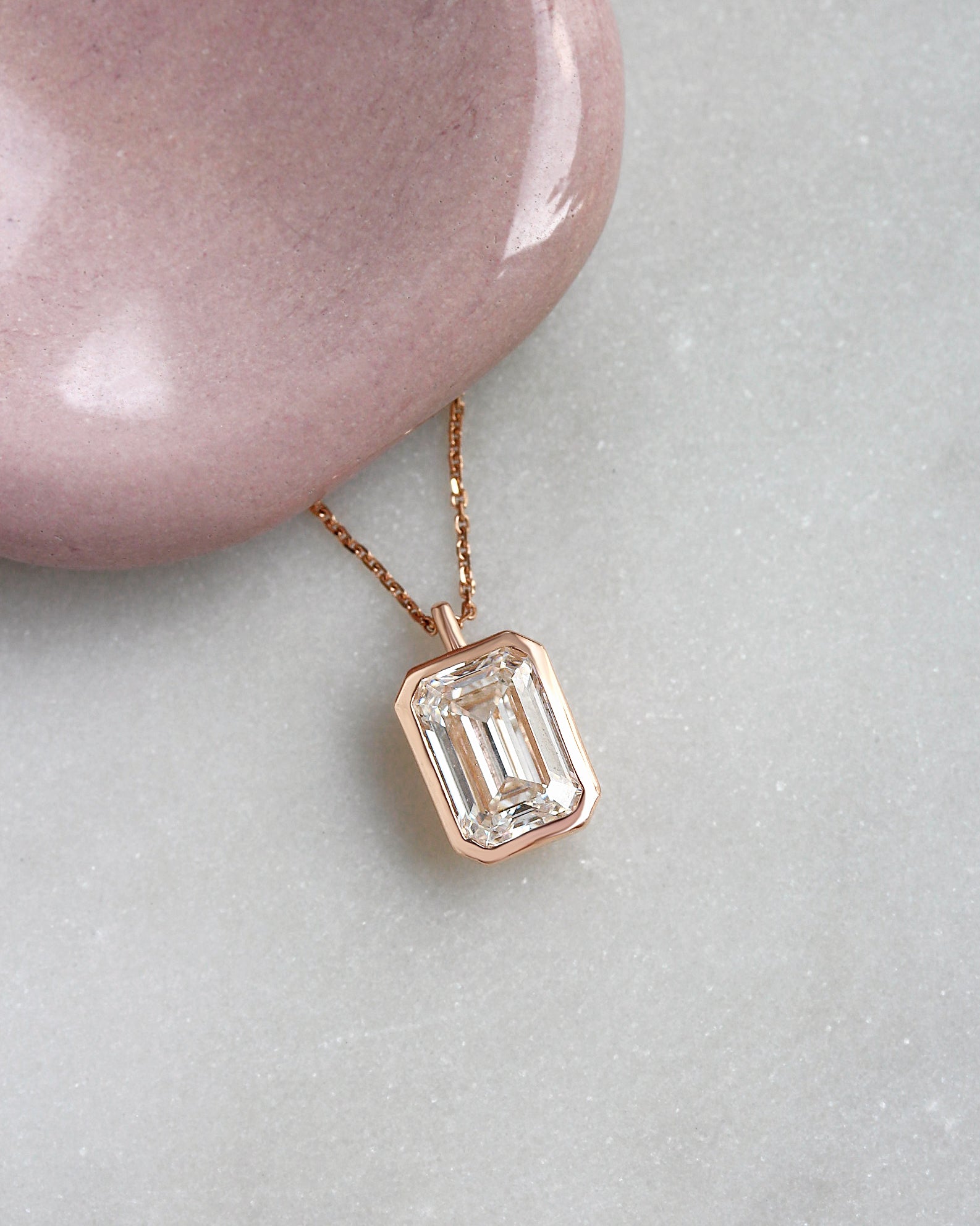 2ct Emerald Cut Lab Grown Diamond Bezel Set Pendant Necklace, bezet setting, emerald cut diamond,pendant, modern, elegant, minimal, confortable, low profile.