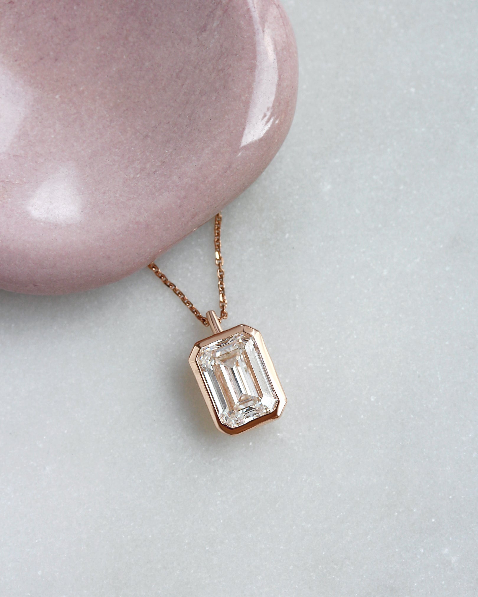 2ct Emerald Cut Lab Grown Diamond Bezel Set Pendant Necklace, bezet setting, emerald cut diamond,pendant, modern, elegant, minimal, confortable, low profile.