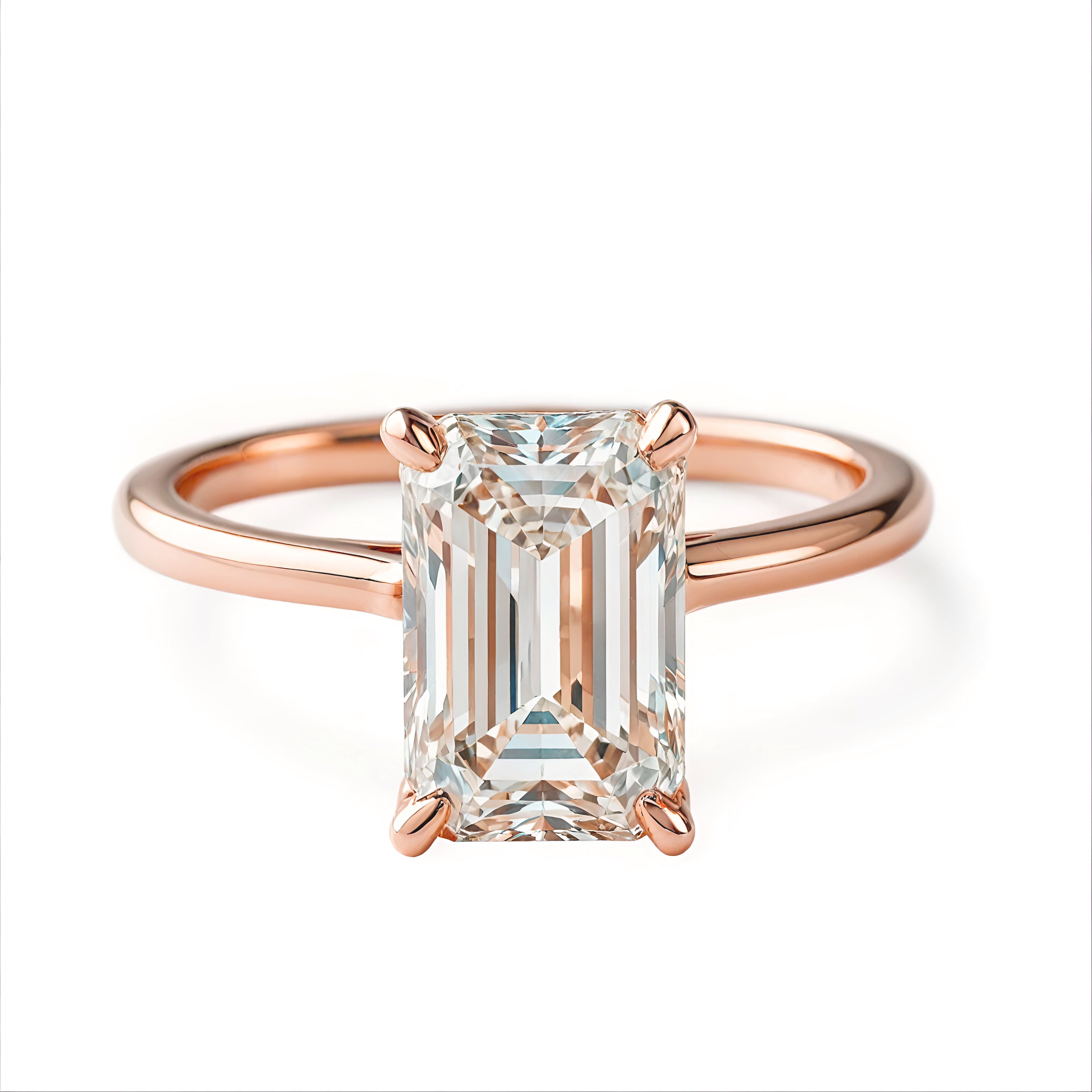 Emerald Cut Solitaire Diamond Engagement Ring 2mm Band 14K Gold, Arya