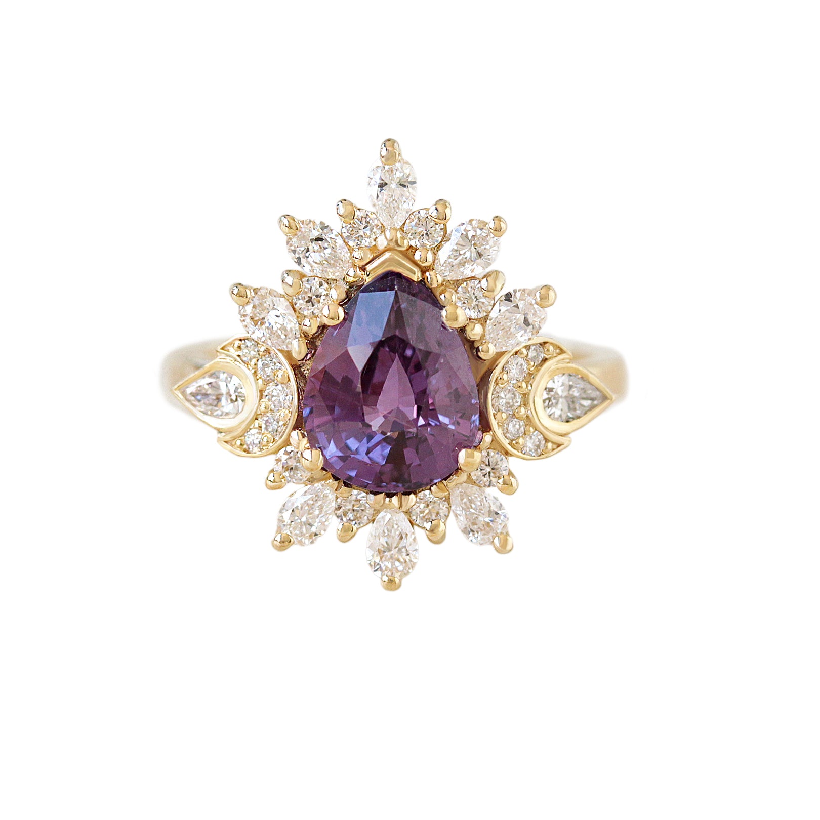 2ct Pear Shape Purple Sapphire Unique Diamond Halo Celestial Moon Engagement Ring, celestial engagement ring, purple sapphire, unique dimaond halo, pear diamond