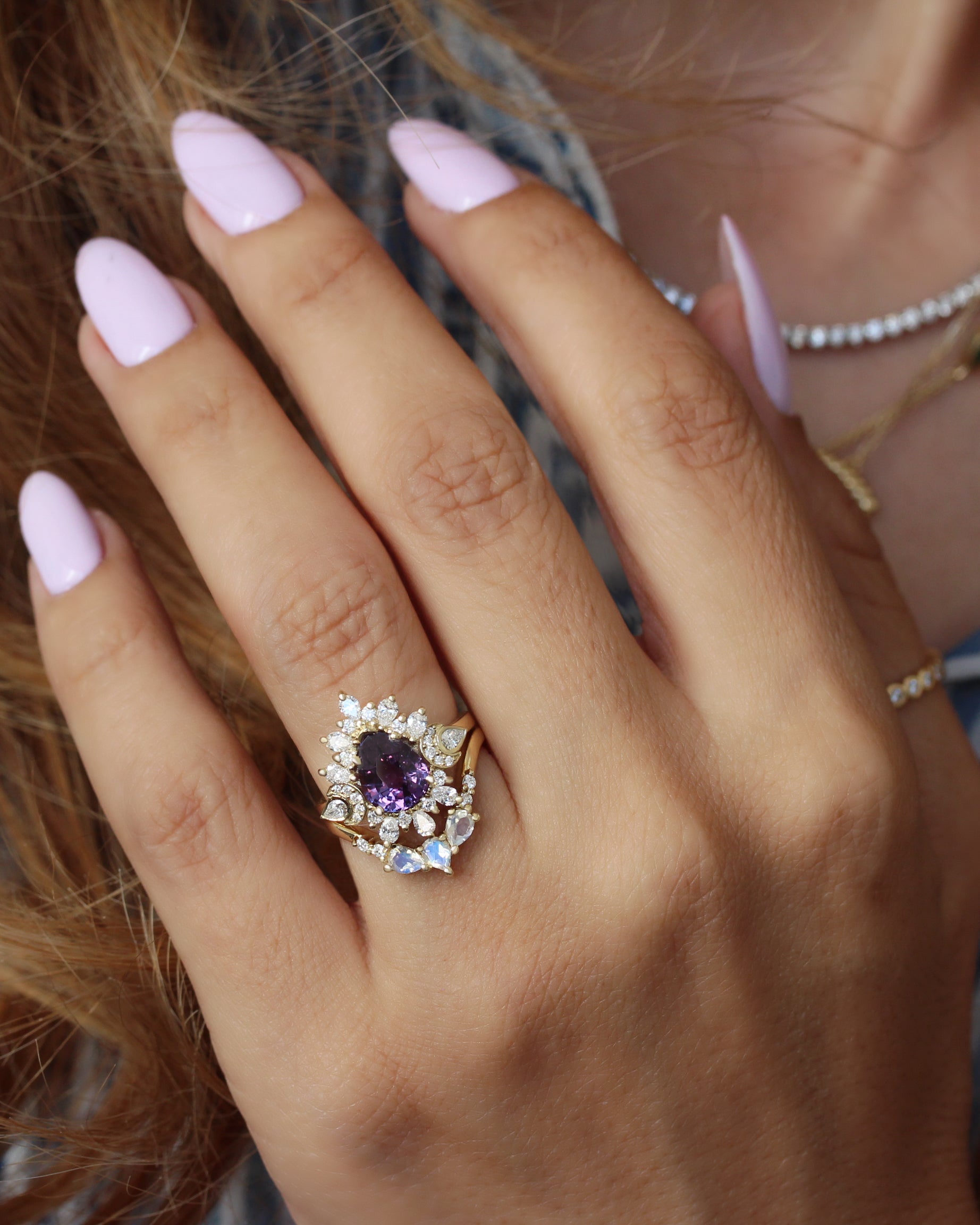 2ct Pear Shape Purple Sapphire Unique Diamond Halo Celestial Moon Engagement Ring, celestial engagement ring, purple sapphire, unique dimaond halo, pear diamond