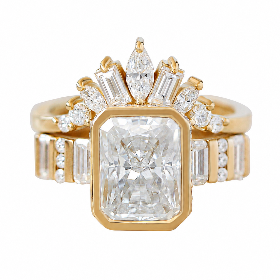 2ct Radiant Diamond Bezel Set with Hidden Halo and Baguette Shank Engagement Ring Urban with Matching Art Deco Nesting Ring Ally V