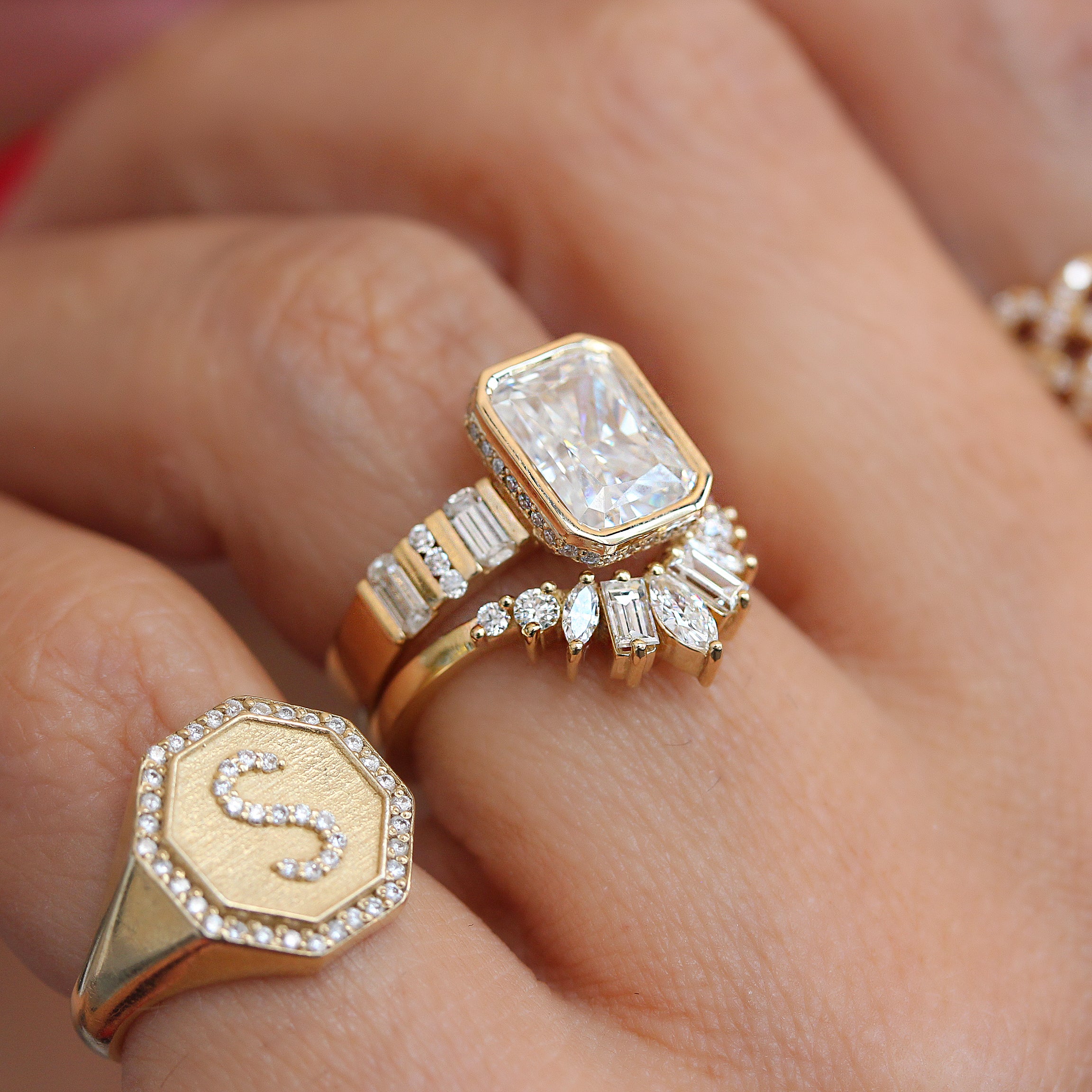 2ct Radiant Diamond Bezel Set with Hidden Halo and Baguette Shank Engagement Ring Urban with Matching Art Deco Nesting Ring Ally V