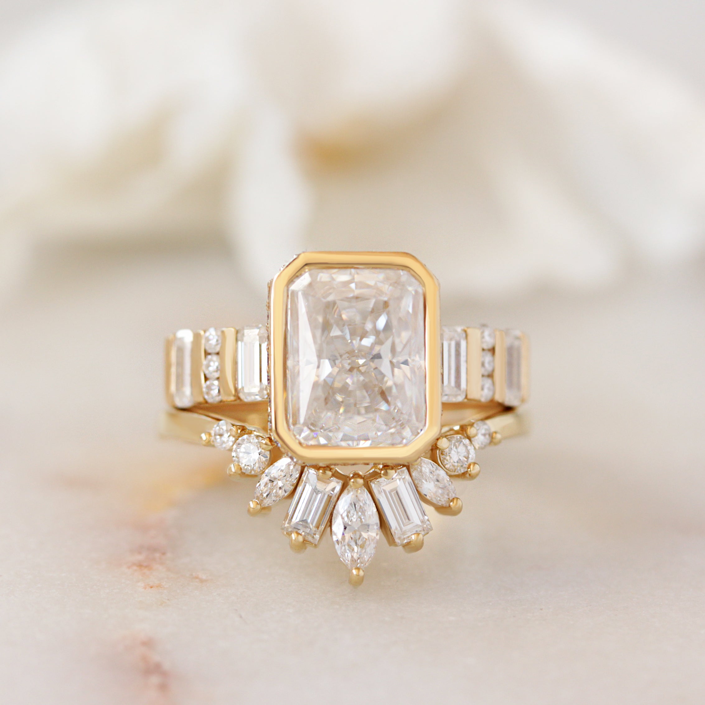 2ct Radiant Diamond Bezel Set with Hidden Halo and Baguette Shank Engagement Ring Urban with Matching Art Deco Nesting Ring Ally V