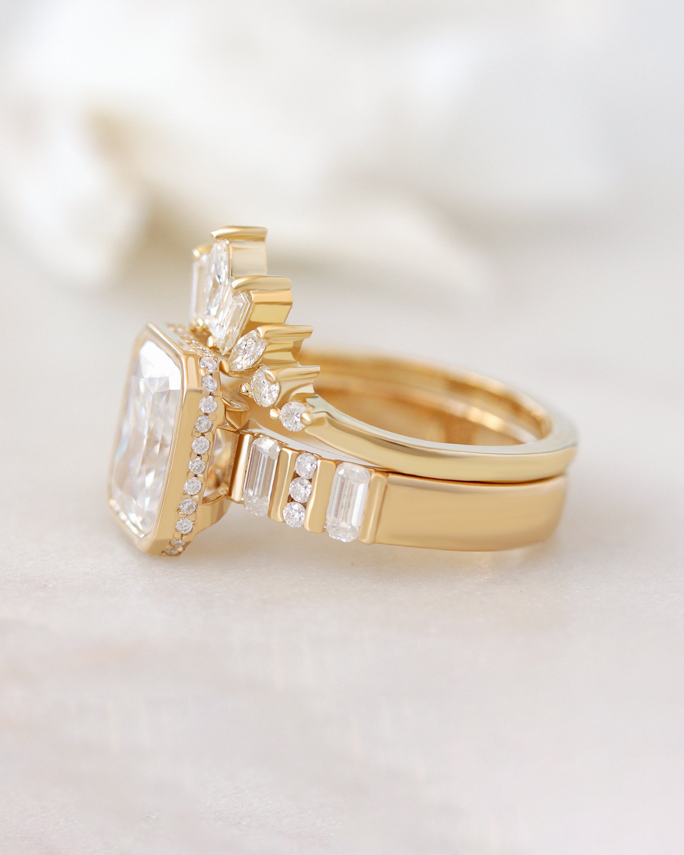 2ct Radiant Diamond Bezel Set with Hidden Halo and Baguette Shank Engagement Ring Urban with Matching Art Deco Nesting Ring Ally V