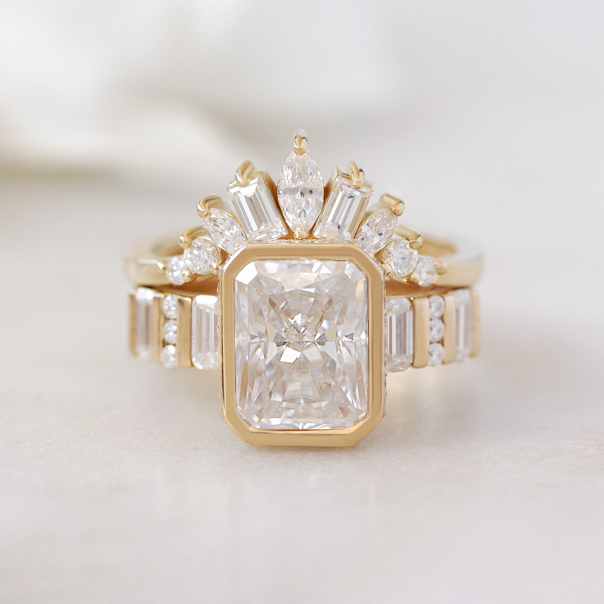 2ct Radiant Diamond Bezel Set with Hidden Halo and Baguette Shank Engagement Ring Urban with Matching Art Deco Nesting Ring Ally V