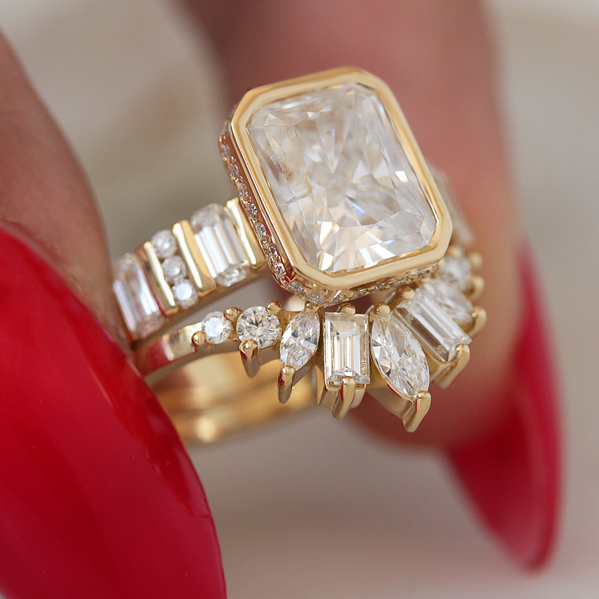 2ct Radiant Diamond Bezel Set with Hidden Halo and Baguette Shank Engagement Ring Urban with Matching Art Deco Nesting Ring Ally V