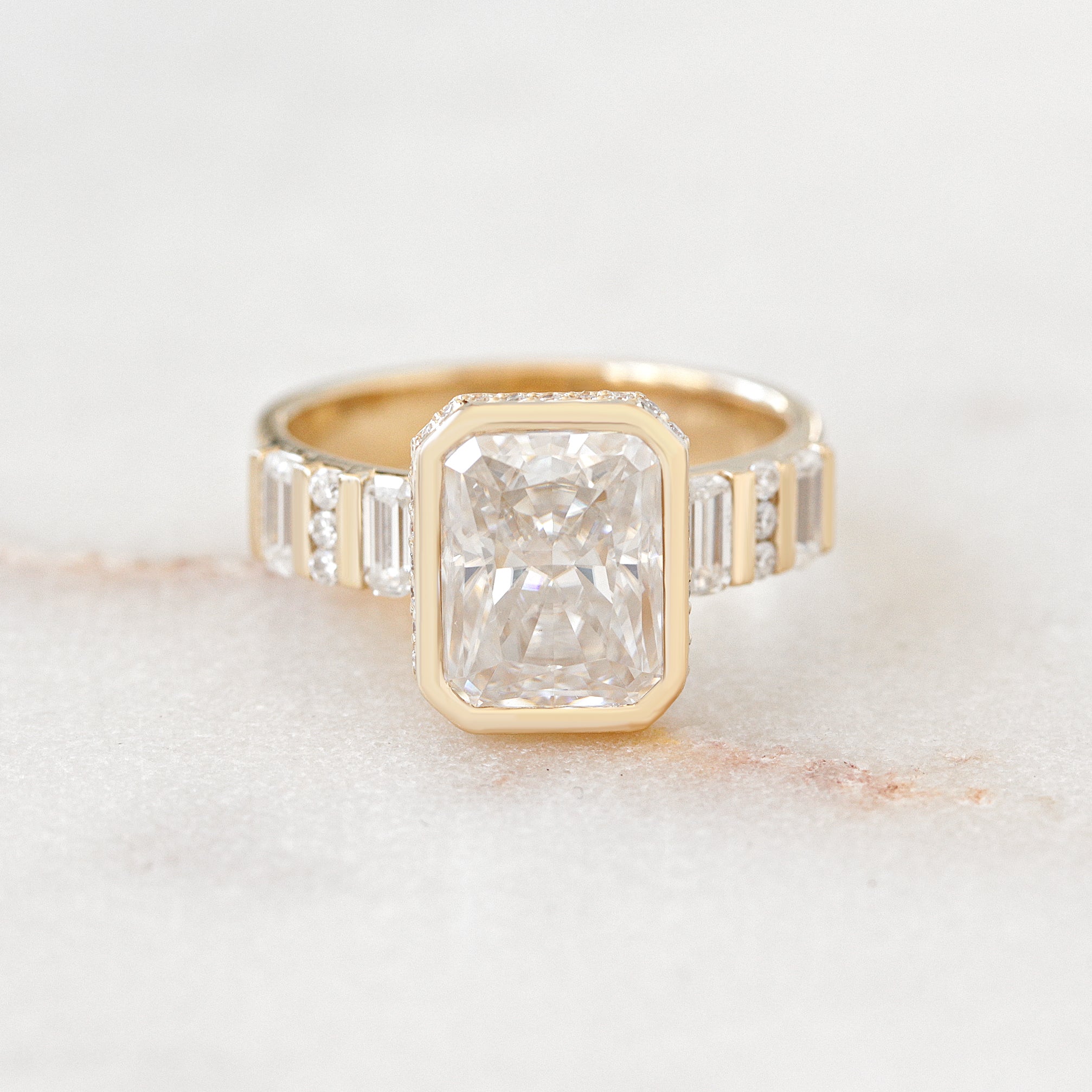 2ct Radiant Diamond Bezel Set with Hidden Halo and Baguette Shank Engagement Ring Urban with Matching Art Deco Nesting Ring Ally V