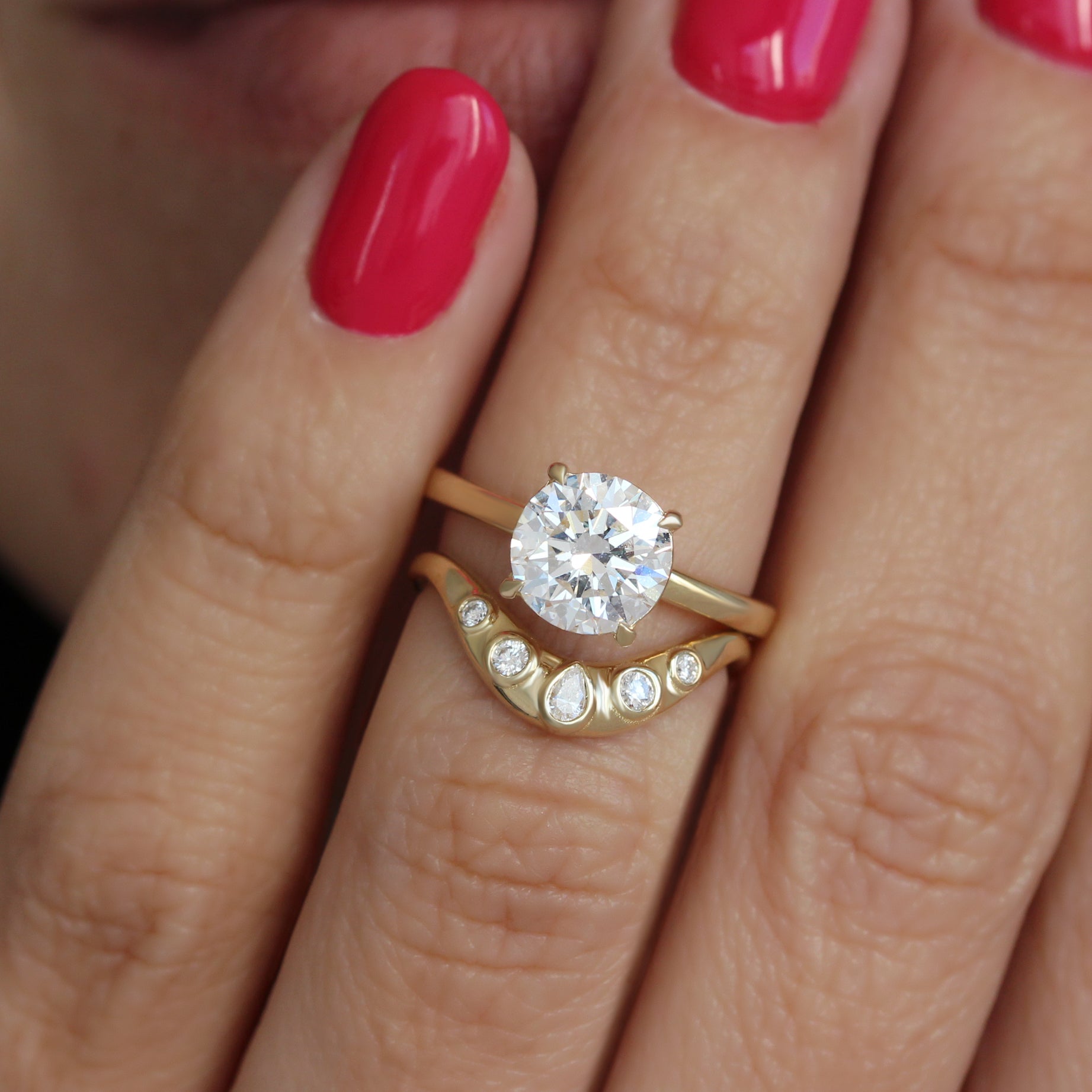 2ct Round Diamond Solitaire Arya with Curve Bold Gold Nesting Ring Mila Pear