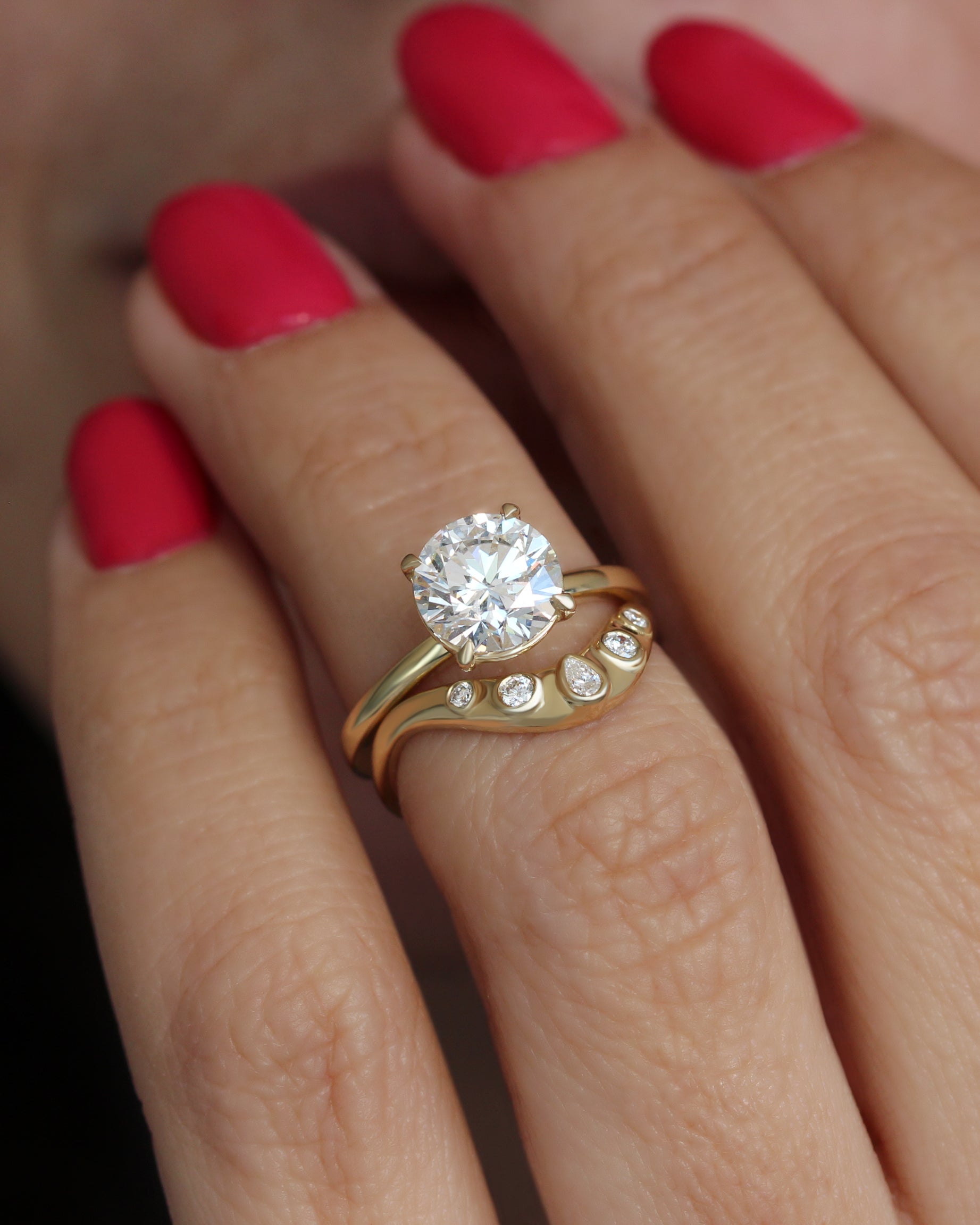2ct Round Diamond Solitaire Arya with Curve Bold Gold Nesting Ring Mila Pear